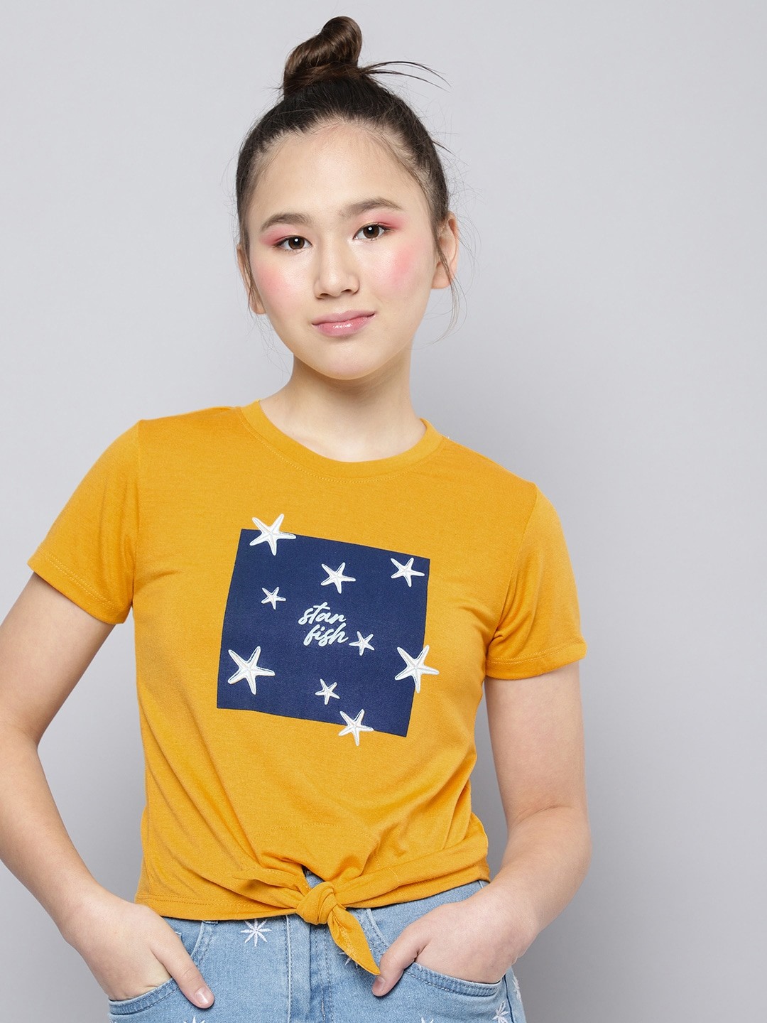 

M&H Juniors Girls Yellow Printed T-shirt