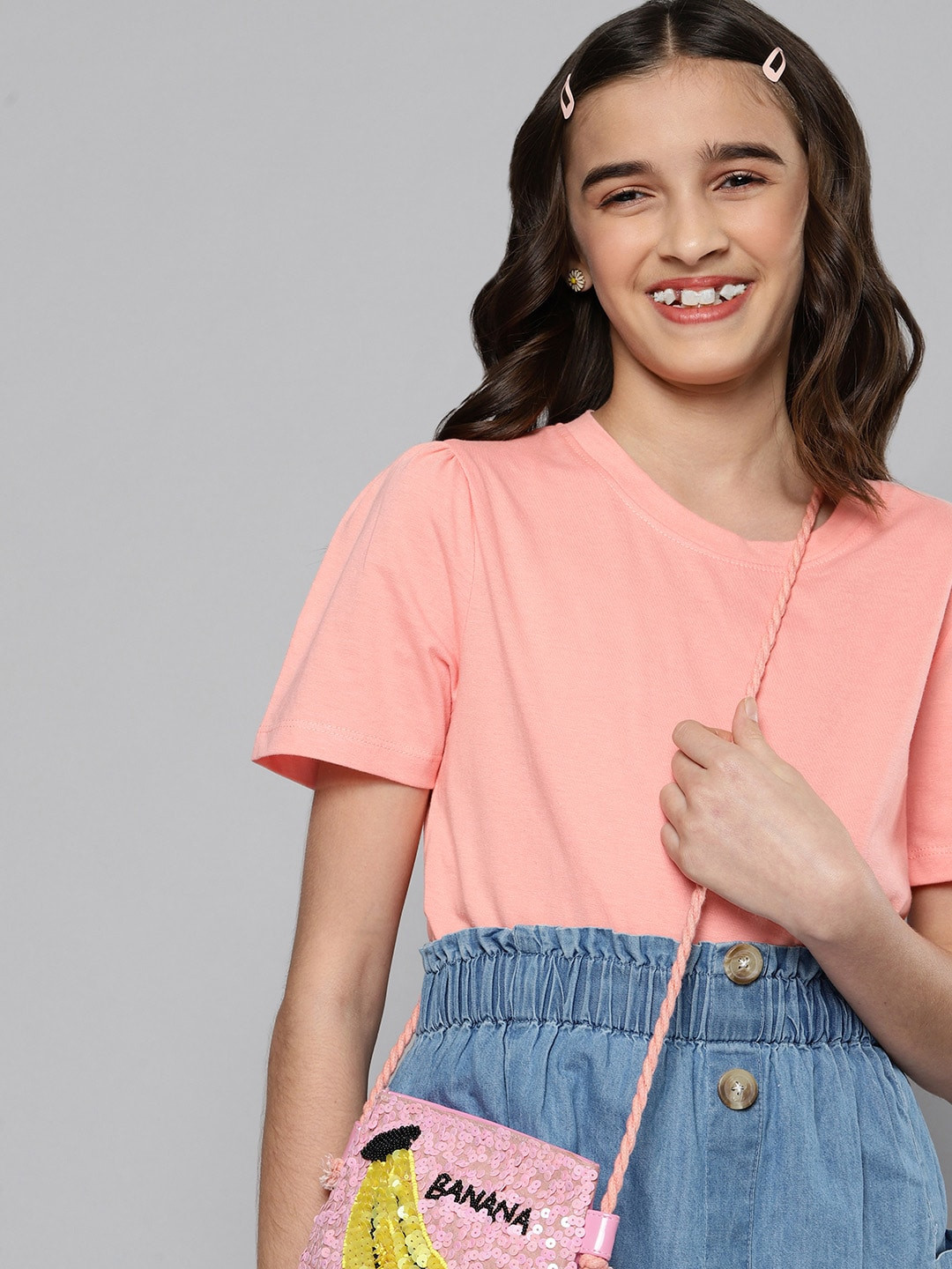 

M&H Juniors Girls Peach-Coloured Solid Cotton Top