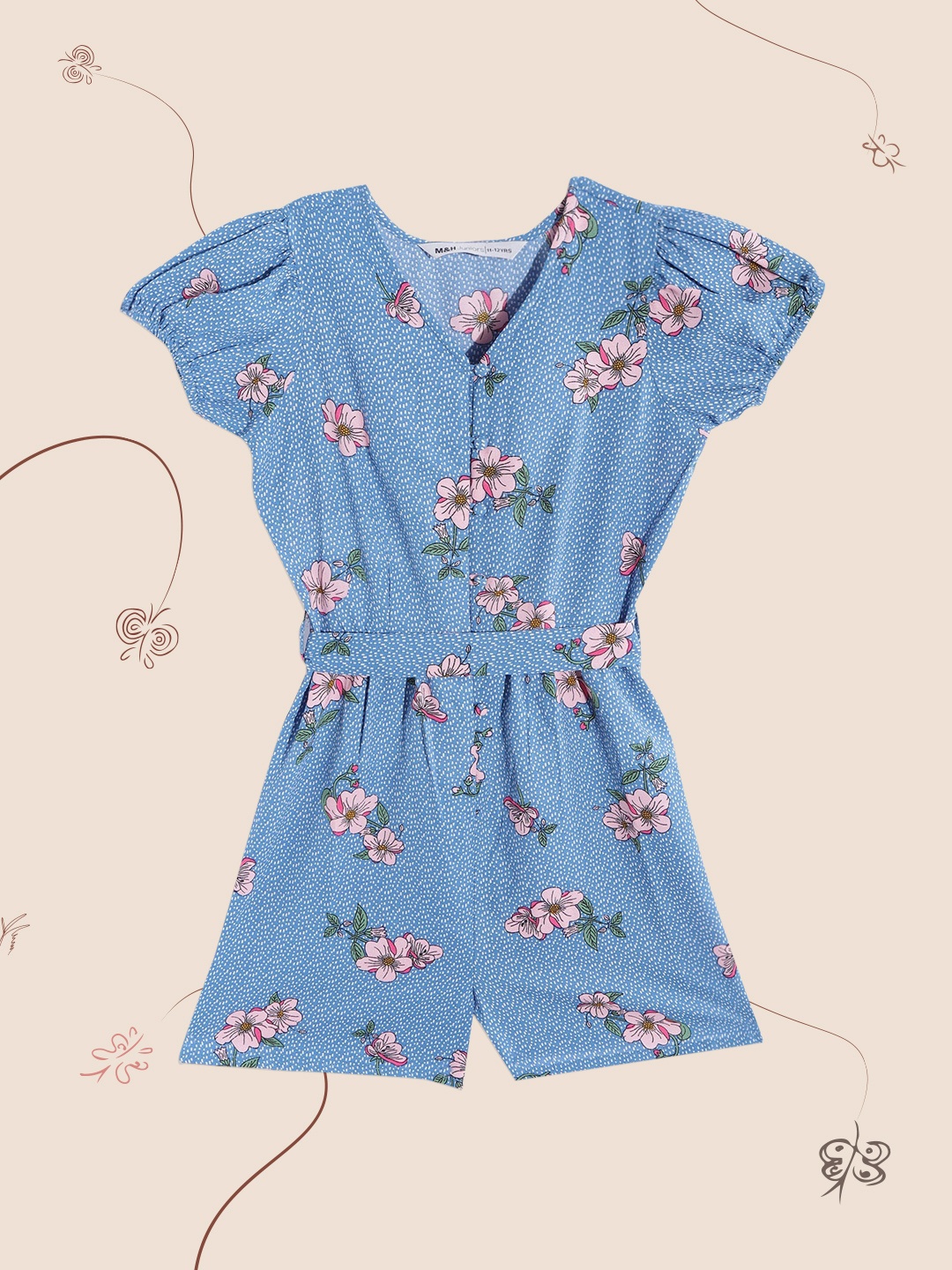 

M&H Juniors Girls Blue & Pink Floral Printed Playsuit