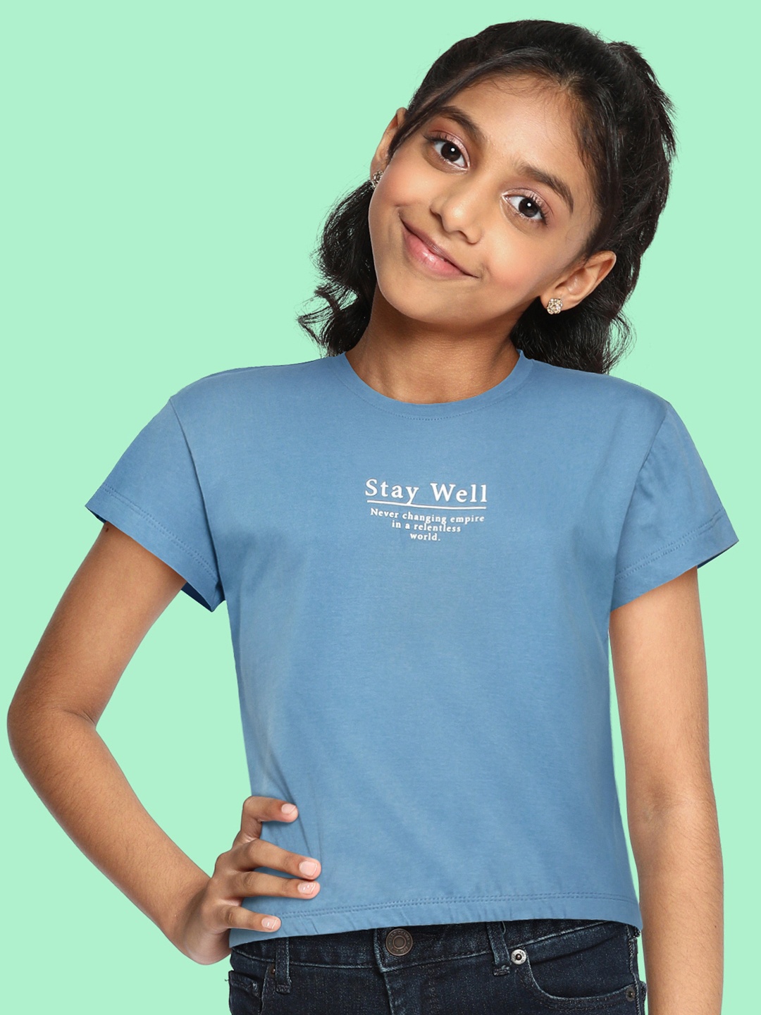 

M&H Juniors Girls Blue Typography Pure Cotton T-shirt