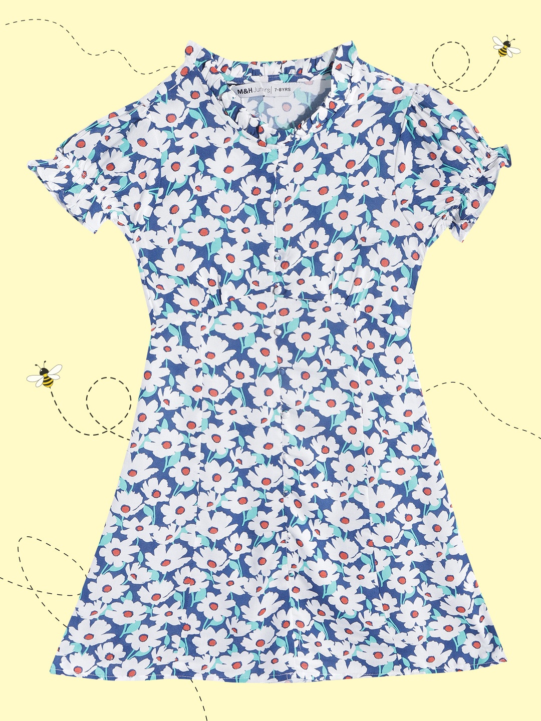 

M&H Juniors Girls White & Blue Floral Print A-Line Dress