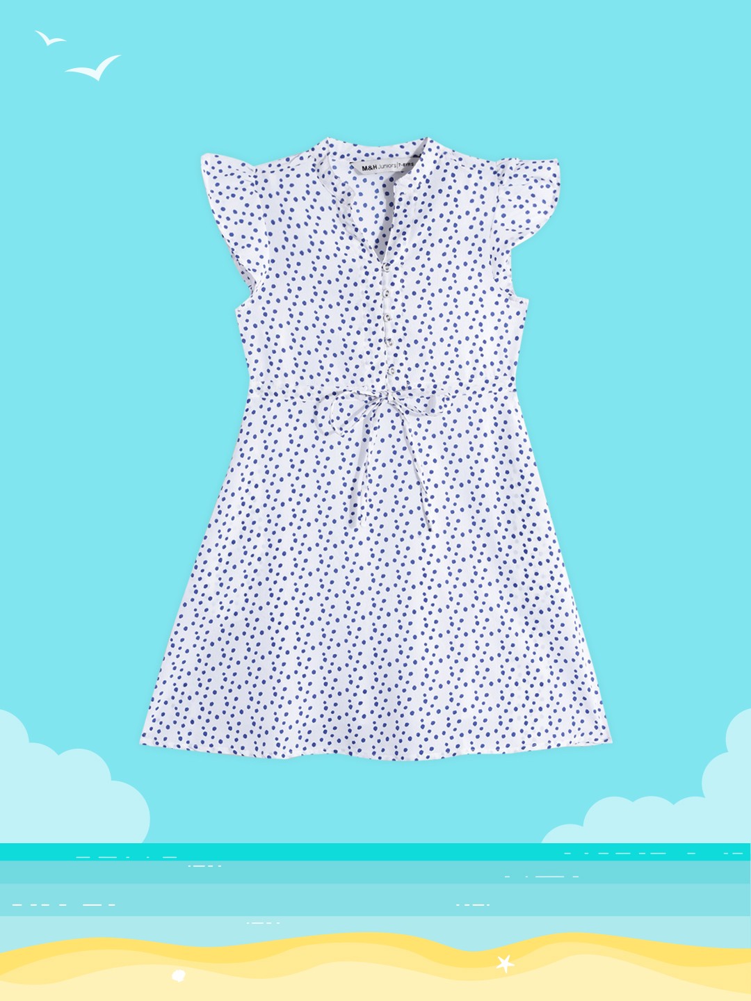 

M&H Juniors Girls White & Blue Polka Dot Print Flutter Sleeves A-Line Dress