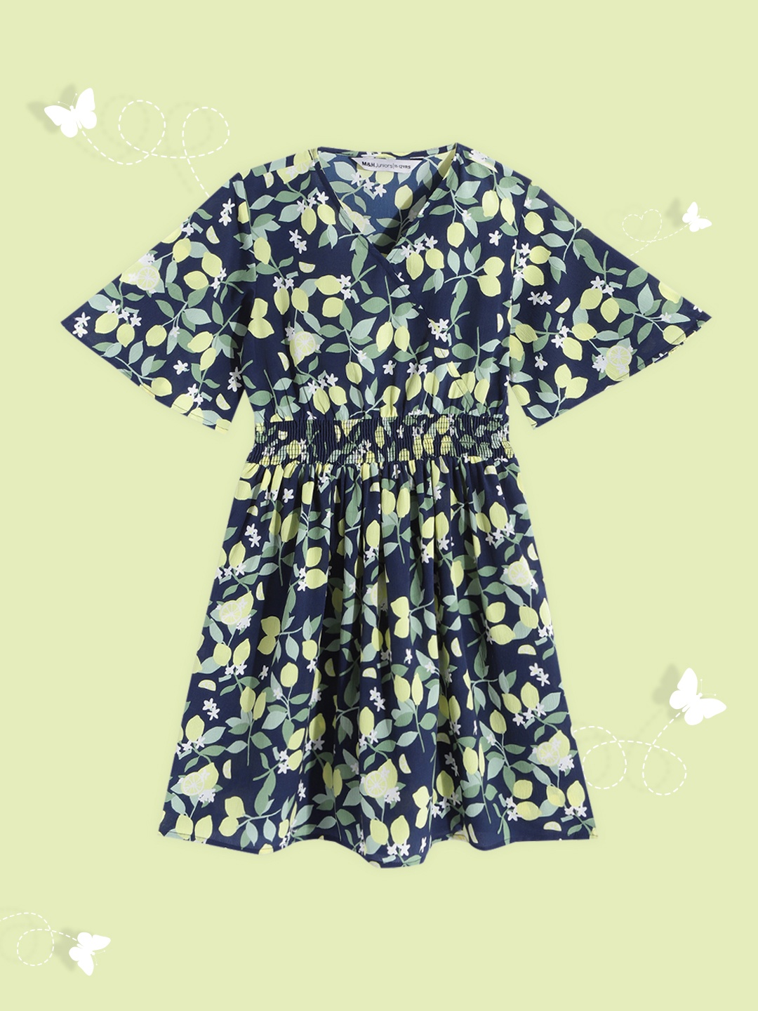 

M&H Juniors Girls Navy Blue & Yellow Floral Print Wrap Style Dress