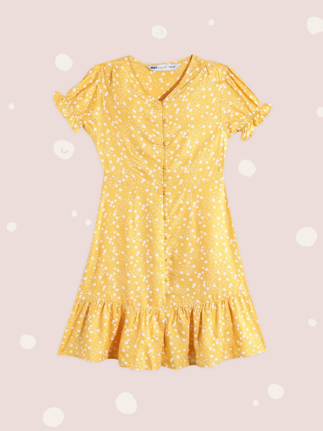 

M&H Juniors Girls Yellow & White Polka Dot Print Puff Sleeves A-Line Dress