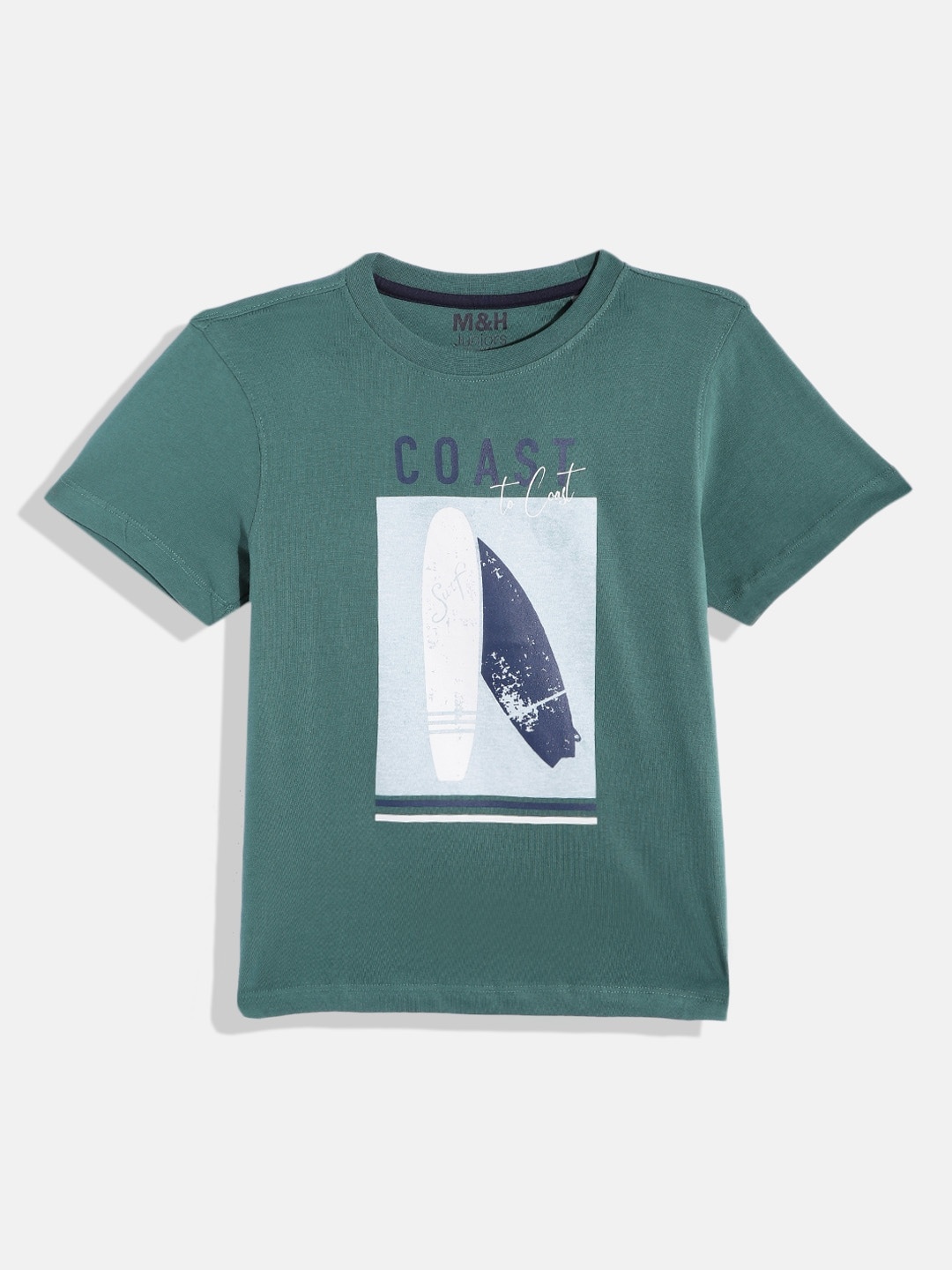 

M&H Juniors Boys Green Pure Cotton Graphic Print Round Neck T-shirt