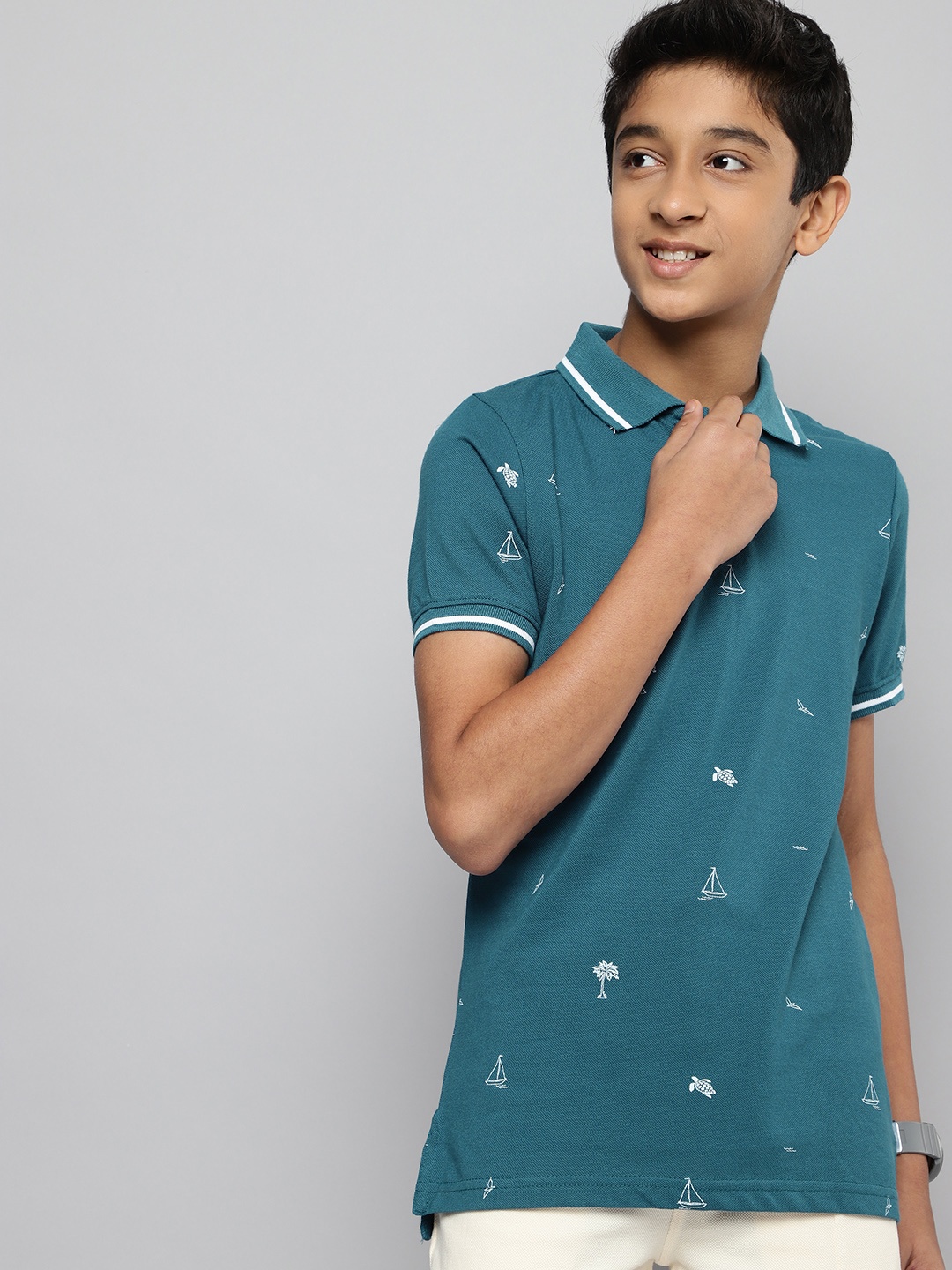 

M&H Juniors Boys Teal Printed Polo Collar T-shirt