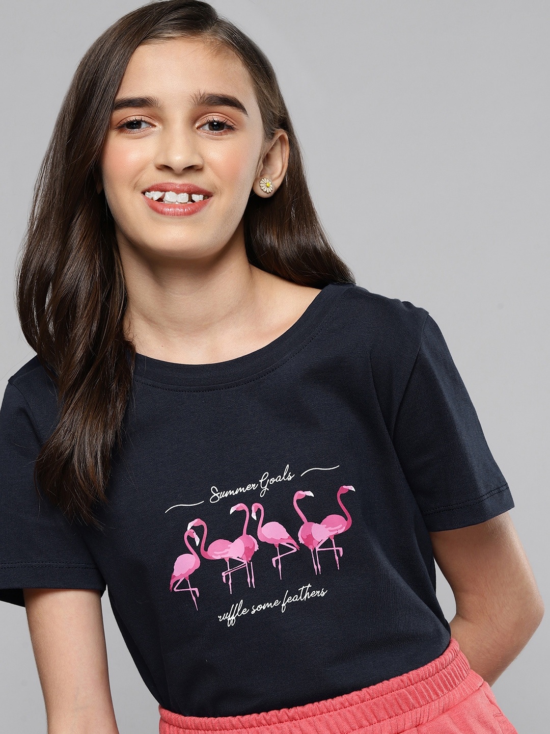 

M&H Juniors Girls Navy Blue Printed Pure Cotton T-shirt