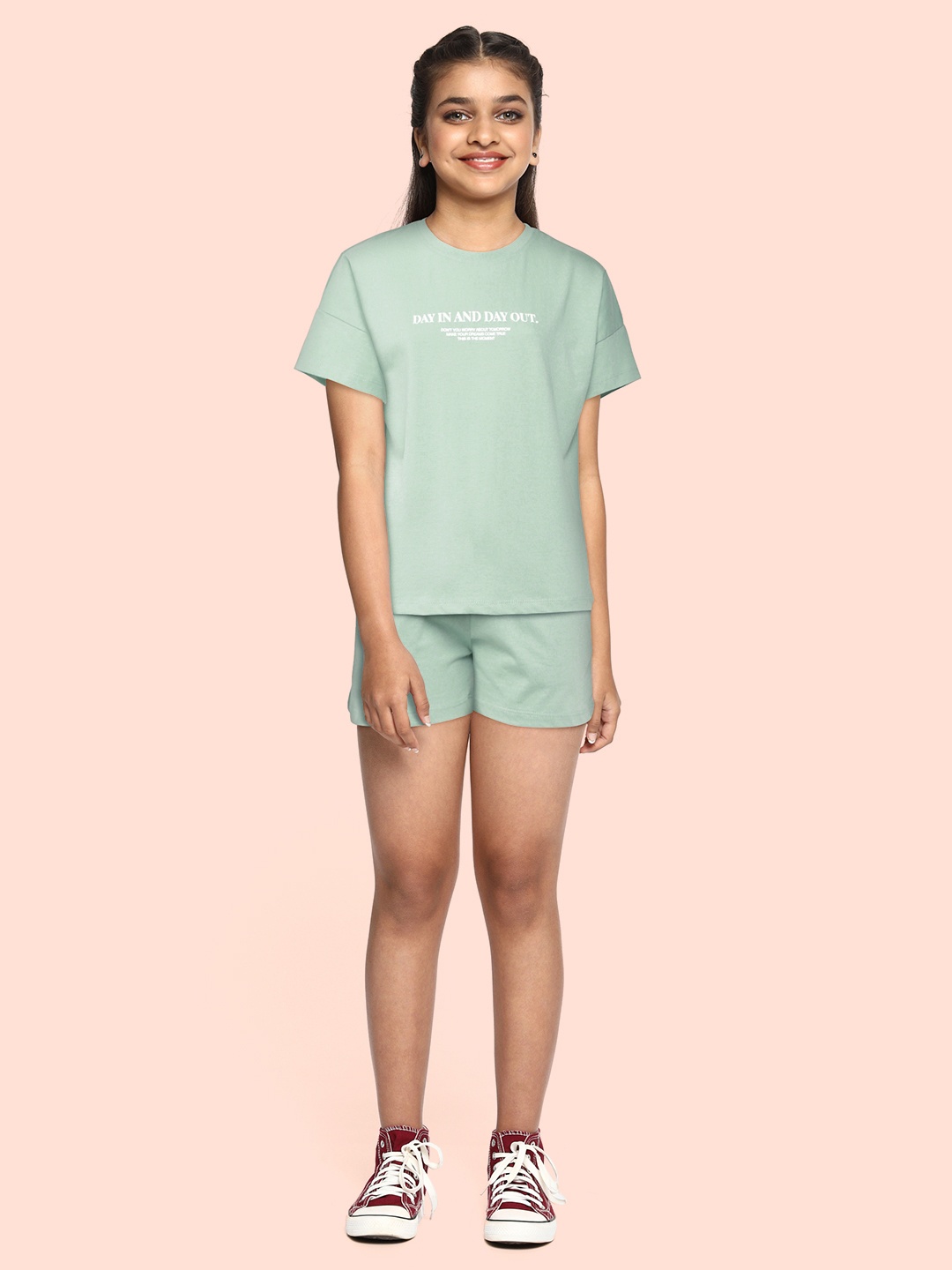 

M&H Juniors Girls Mint Green Pure Cotton T-shirt with Shorts