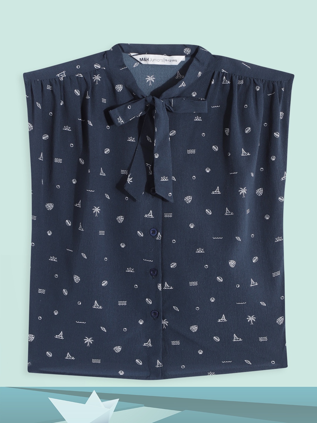 

M&H Juniors Girls Navy Blue & White Conversational Print Tie-Up Neck Shirt Style Top