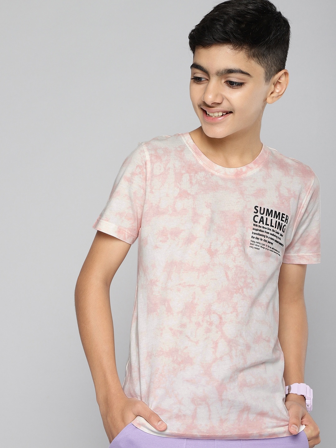 

M&H Juniors Boys Pink Tie and Dye Printed Pure Cotton T-shirt