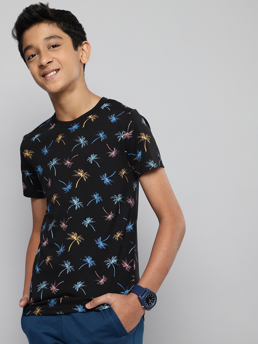 

M&H Juniors Boys Black & Blue Tropical Printed T-shirt