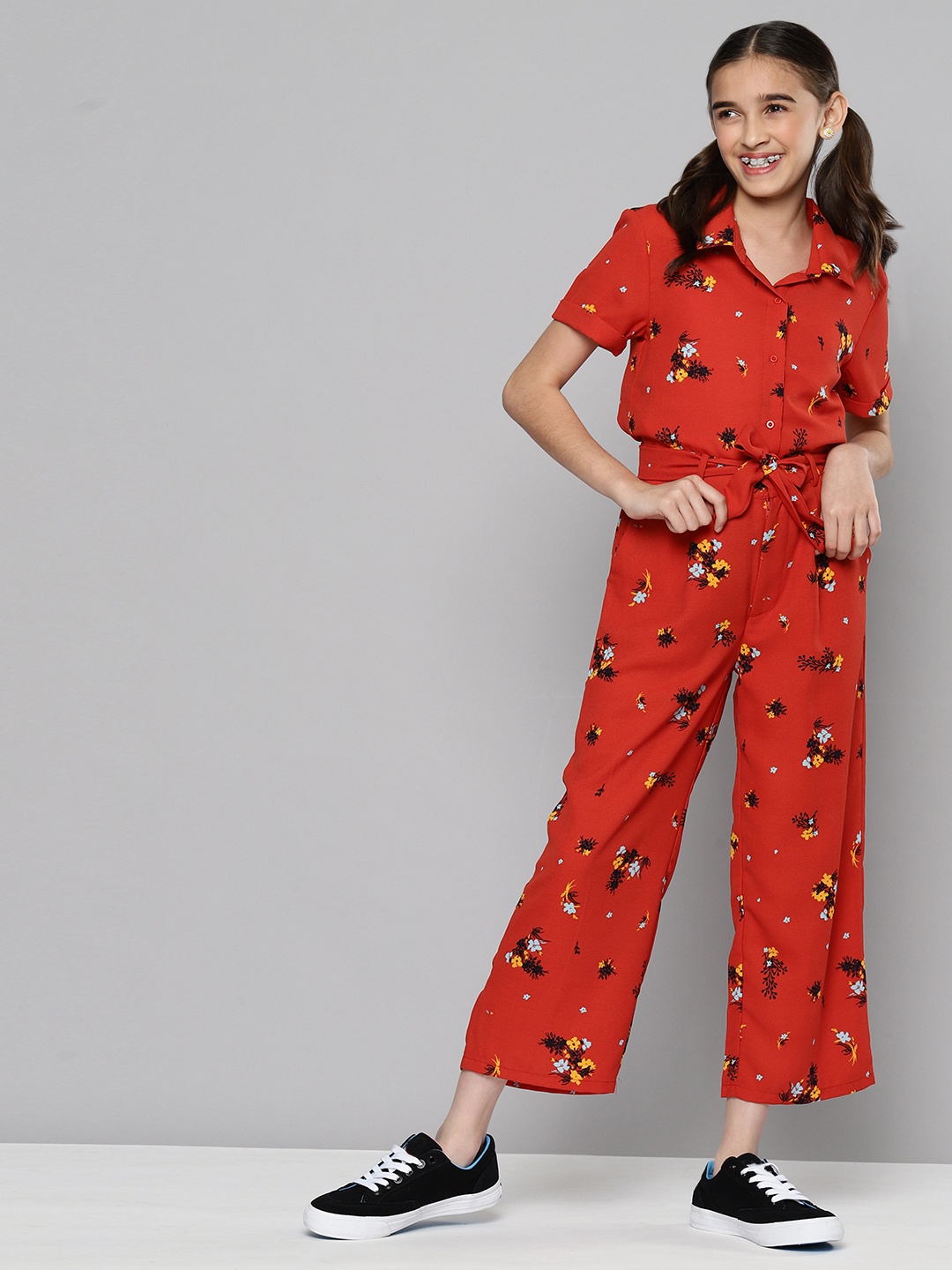 

M&H Juniors Girls Rust & Blue Floral Printed Shirt with Parallel Trousers