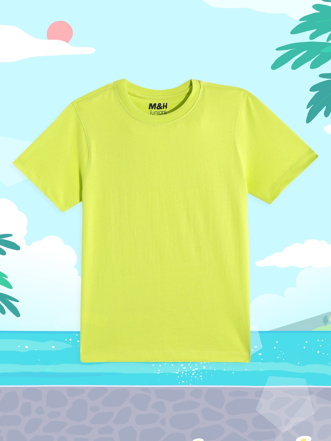 

M&H Juniors Boys Fluorescent Green Pure Cotton Solid T-shirt