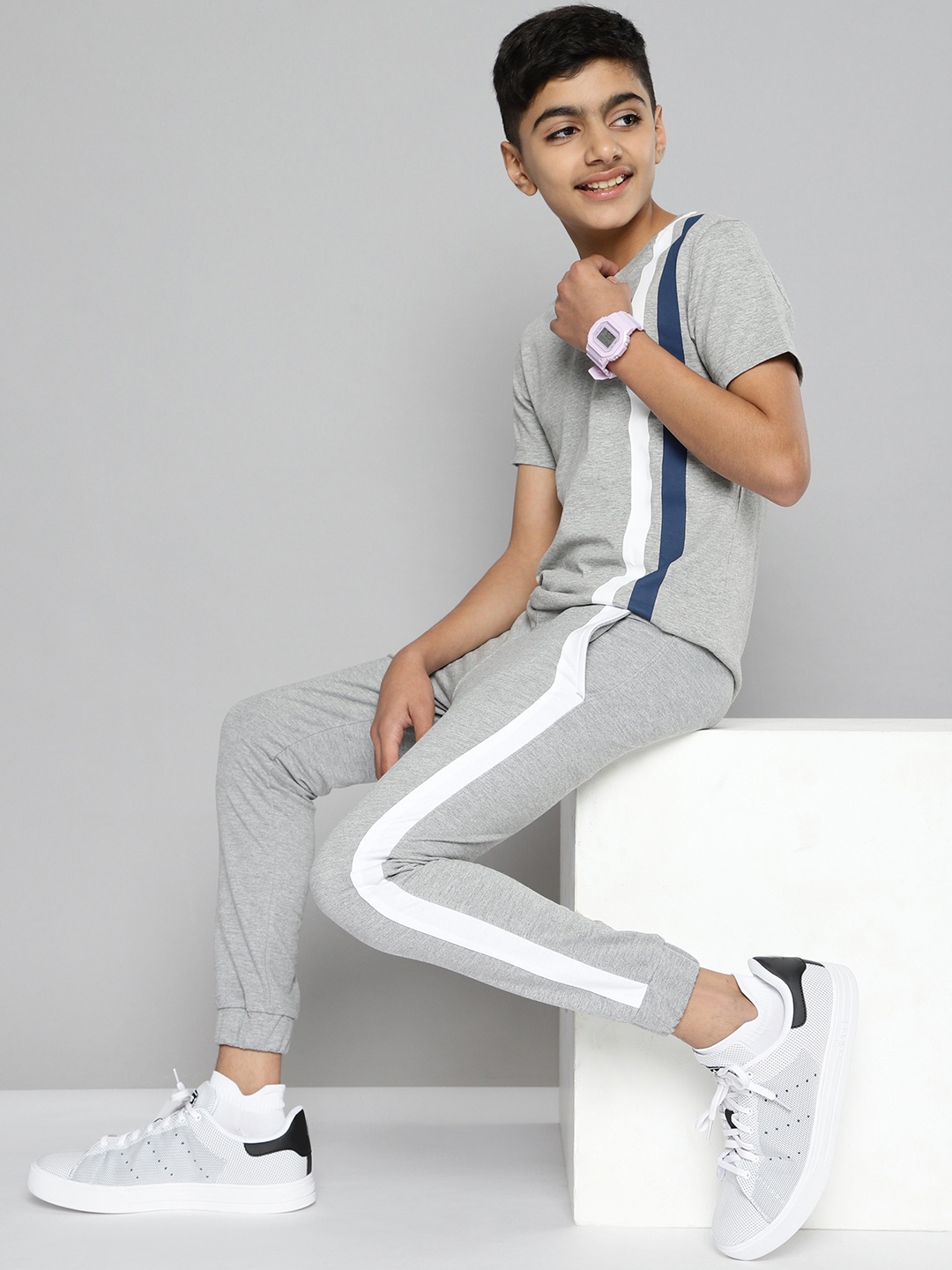 

M&H Juniors Boys Grey Melange Striped T-shirt with Trousers