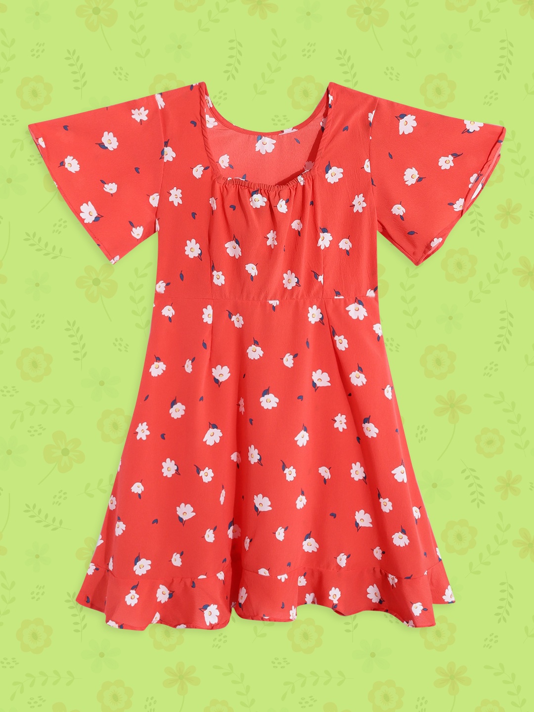 

M&H Juniors Girls Coral Red & White Floral Print Fit & Flare Dress