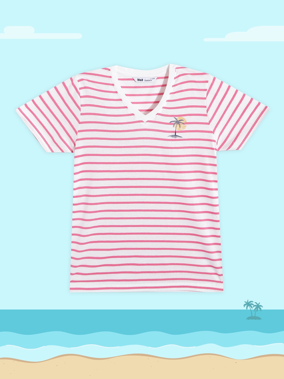 

M&H Juniors Girls White & Pink Striped V-Neck T-shirt