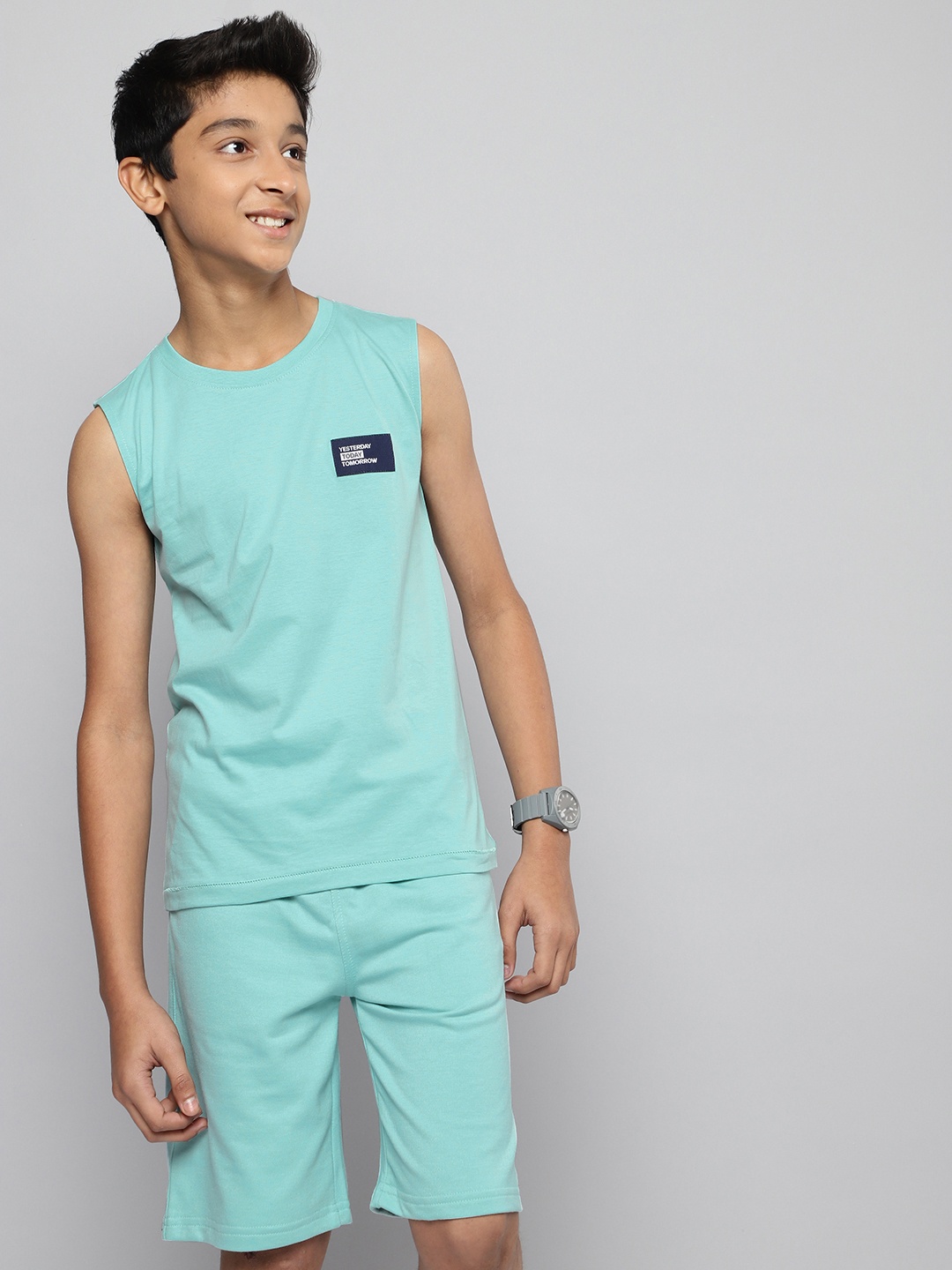 

M&H Juniors Boys Blue Solid Tank T-shirt & Shorts with Typography Applique Detail