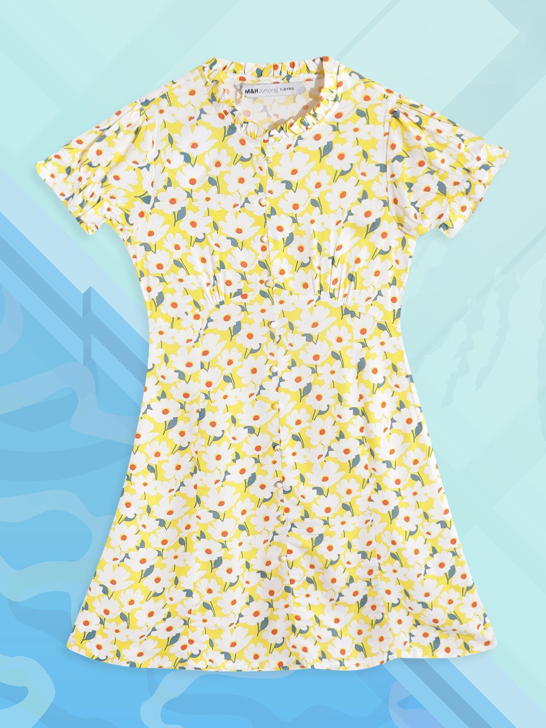 

M&H Juniors Girls White & Yellow Floral Print A-Line Dress
