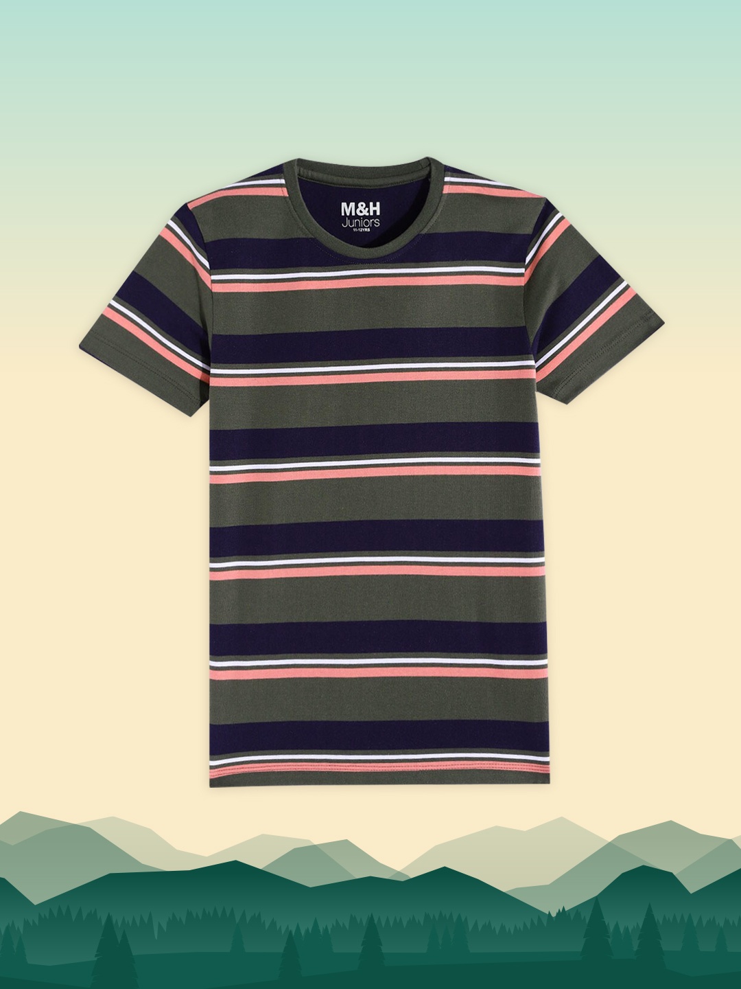 

M&H Juniors Boys Olive Green & Navy Blue Striped T-shirt