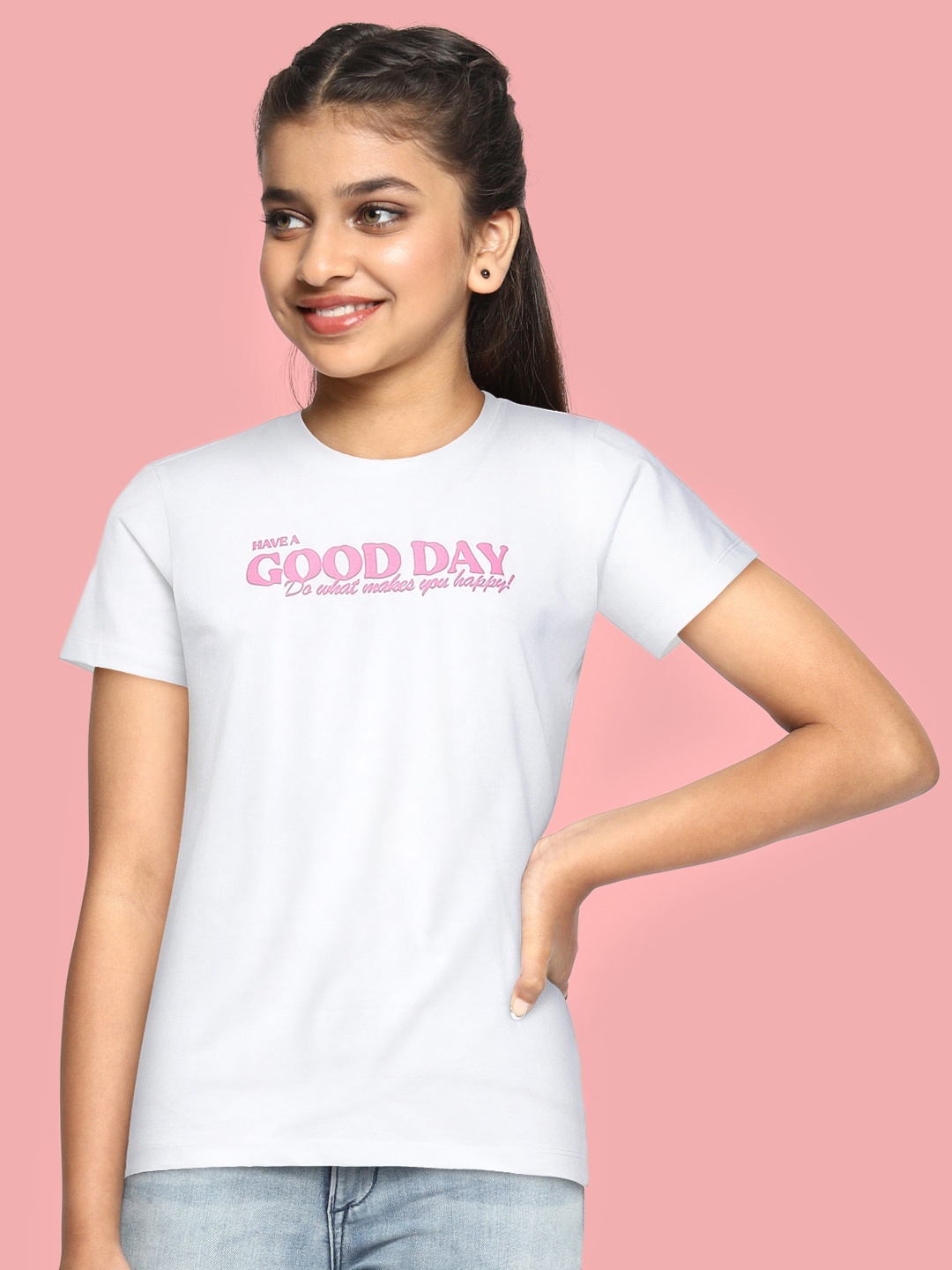 M&H Juniors Girls White Typography Printed Pure Cotton T-shirt