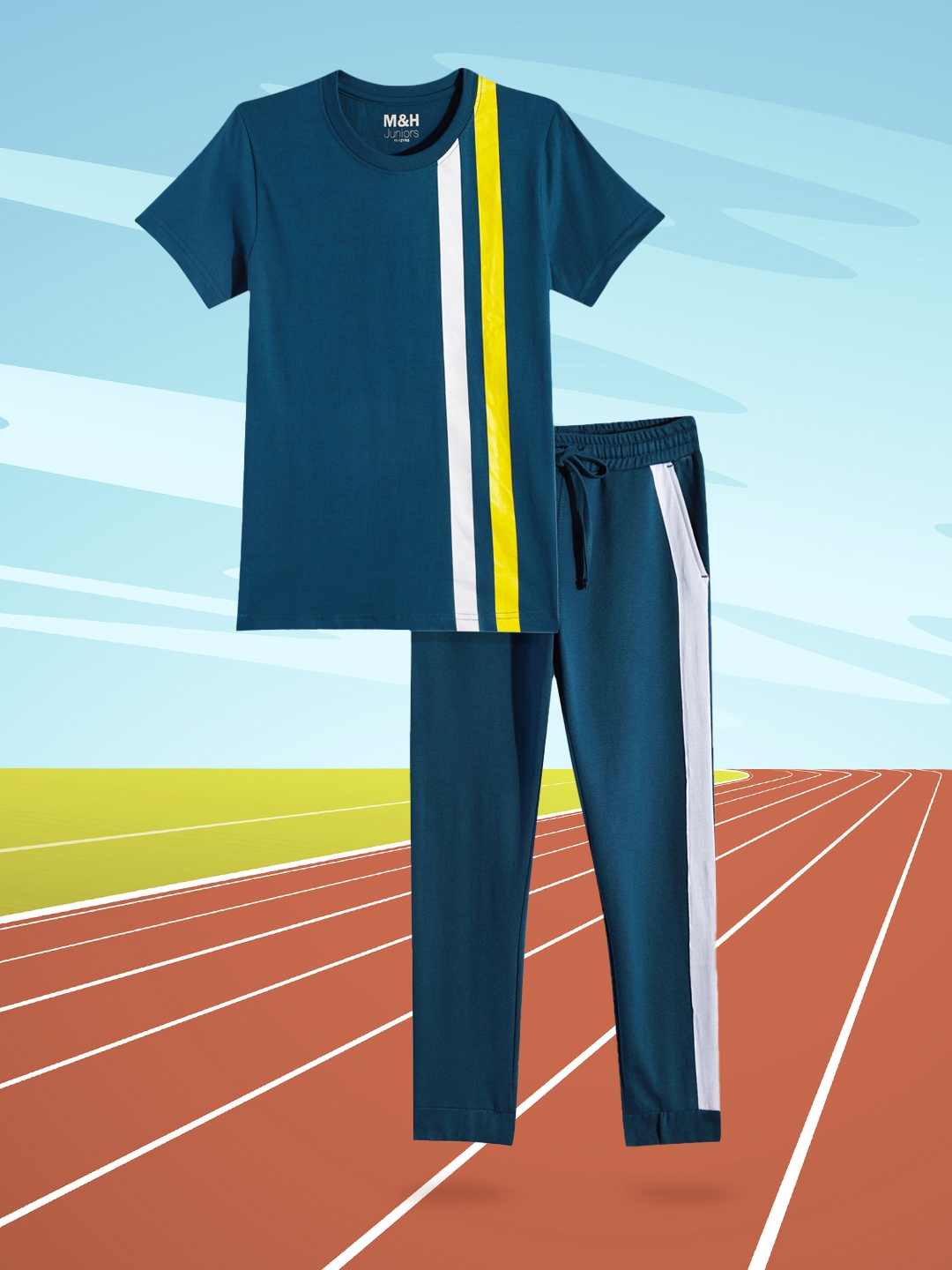 

M&H Juniors Boys Navy Blue Placement Stripes T-shirt with Side Striped Joggers