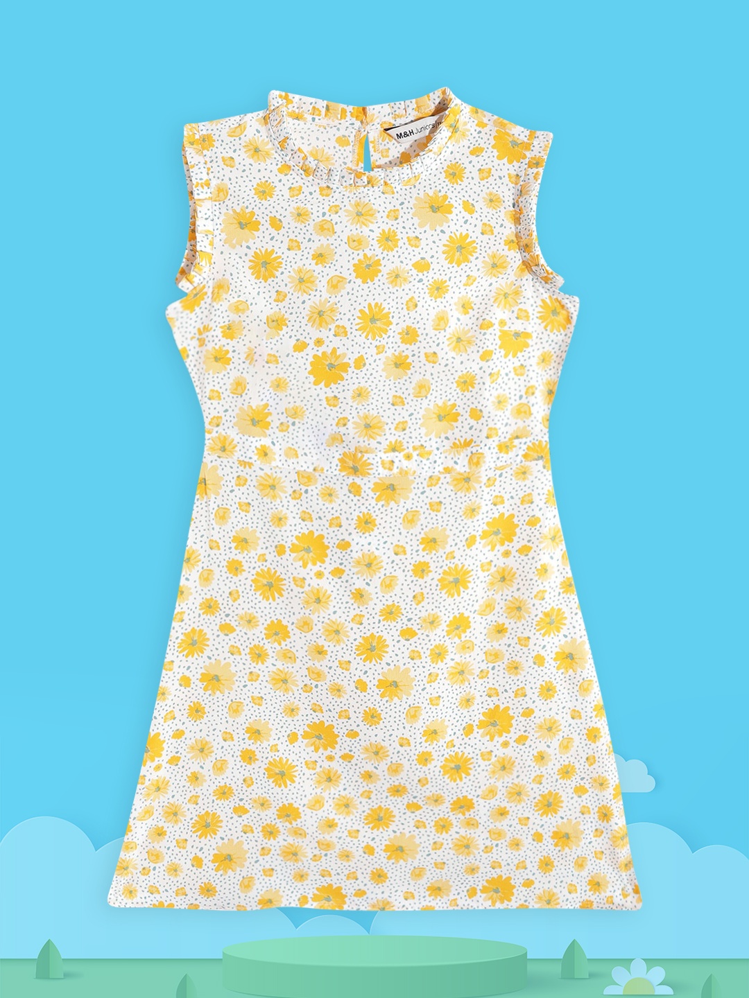 M&H Juniors Girls White & Yellow Floral Print A-Line Dress