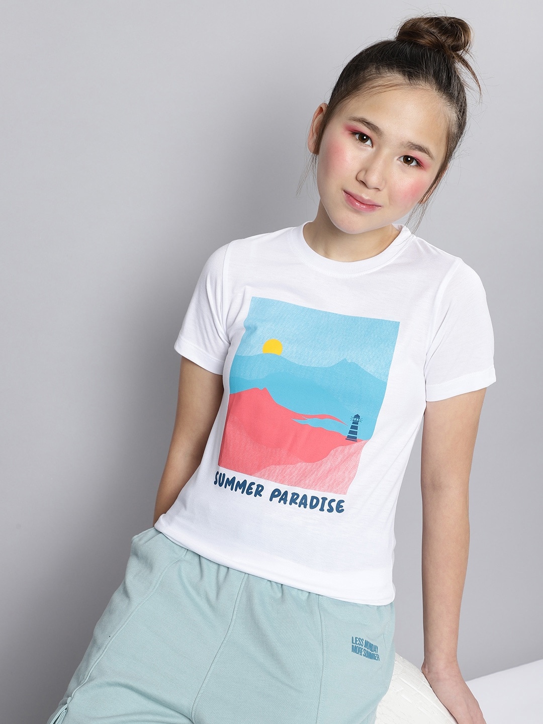 

M&H Juniors Girls White Graphic Print Round Neck Regular Sleeves T-shirt