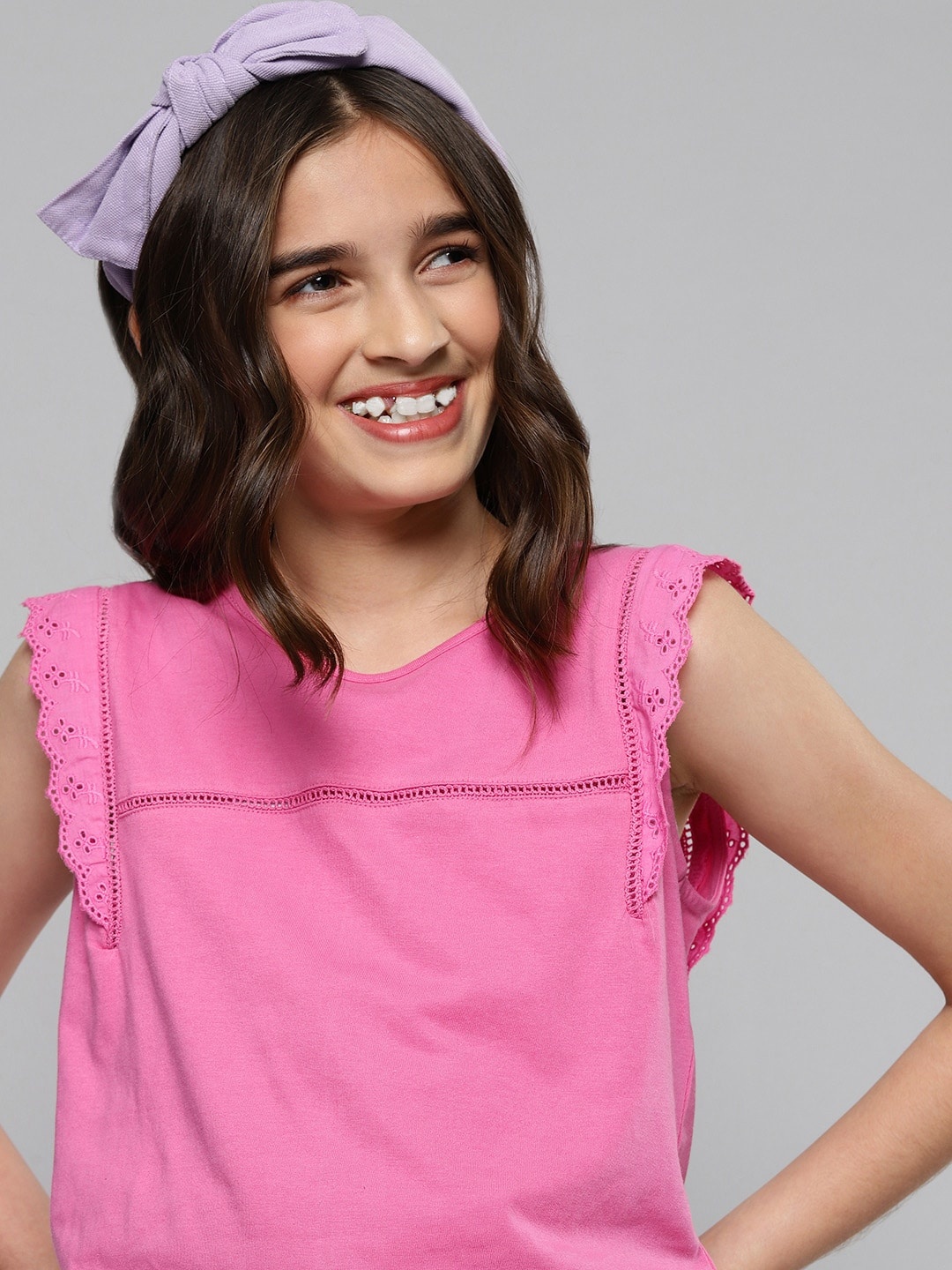 

M&H Juniors Girls Pink Solid Lace Inserts Pure Cotton Top