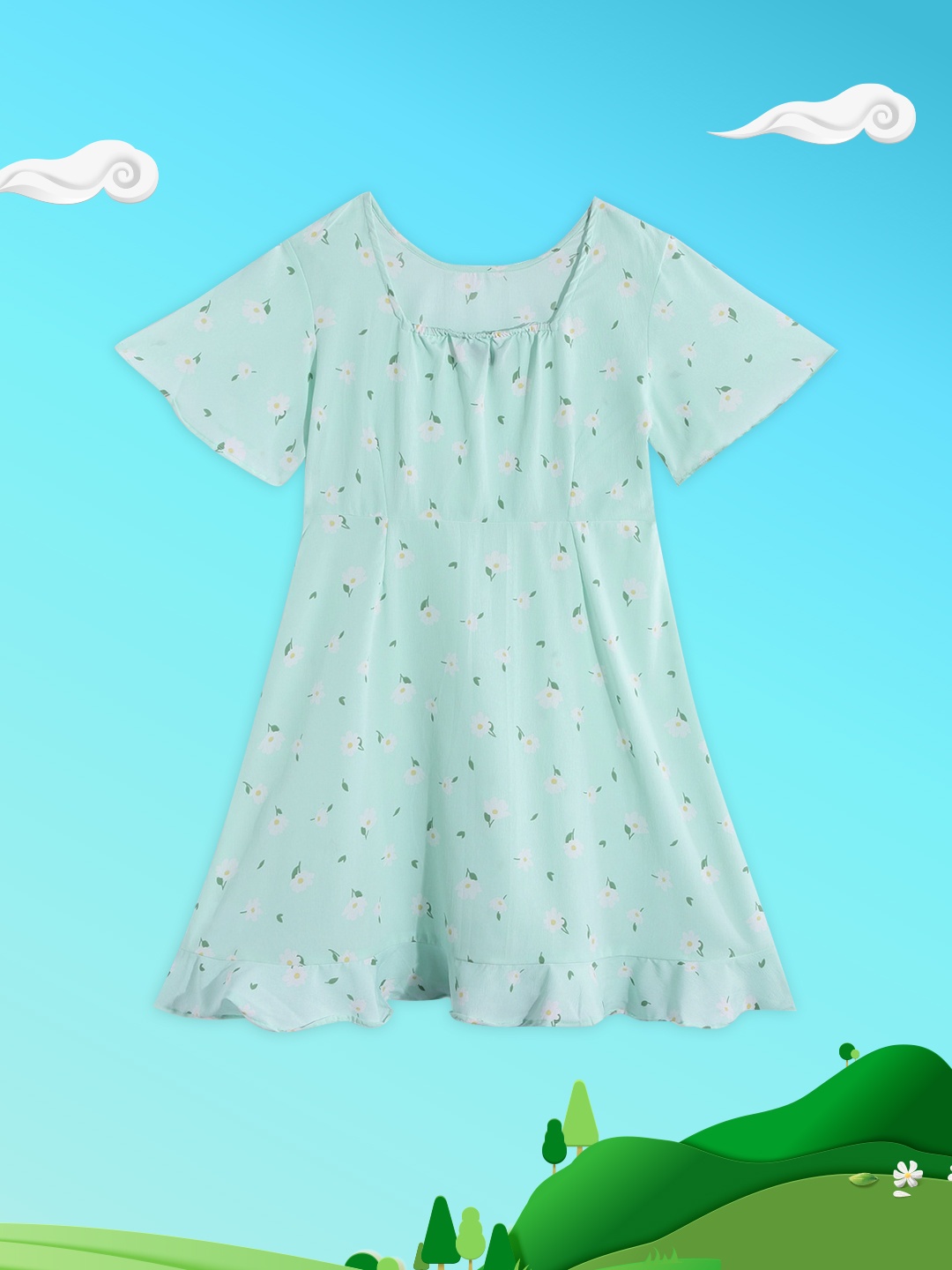 

M&H Juniors Girls Mint Green & White Floral Print Fit & Flare Dress