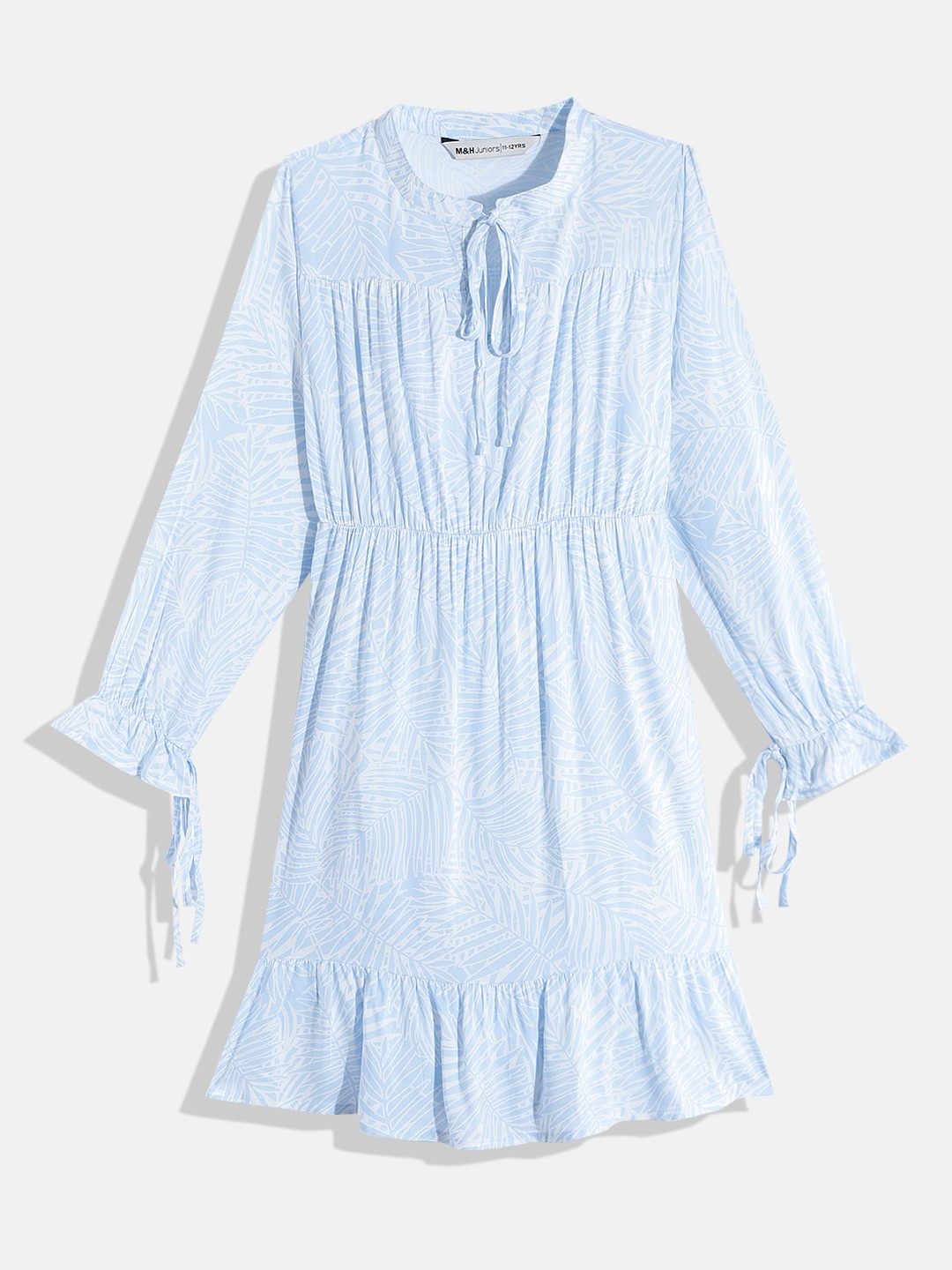 

M&H Juniors Girls White & Blue Tropical Print Tiered Tie-Up Neck Fit & Flare Dress