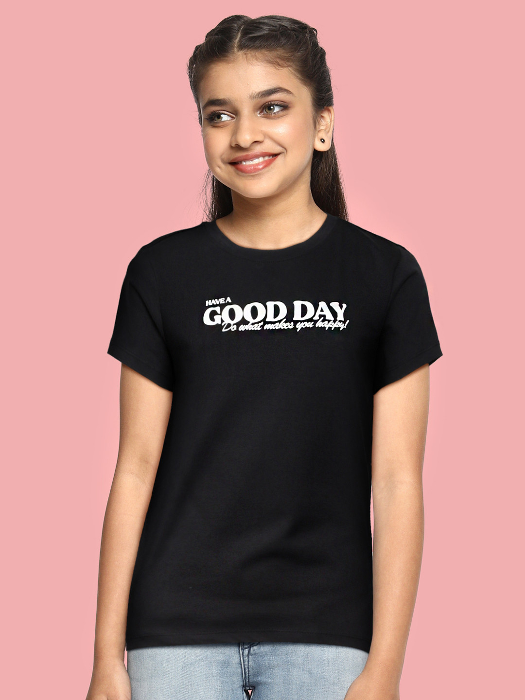 

M&H Juniors Girls Black Typography Printed Pure Cotton T-shirt