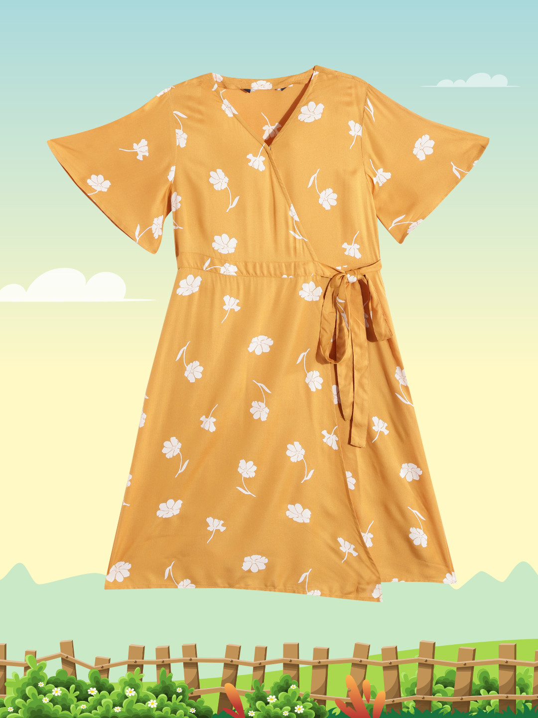 

M&H Juniors Girls Mustard Yellow & White Floral Wrap Dress
