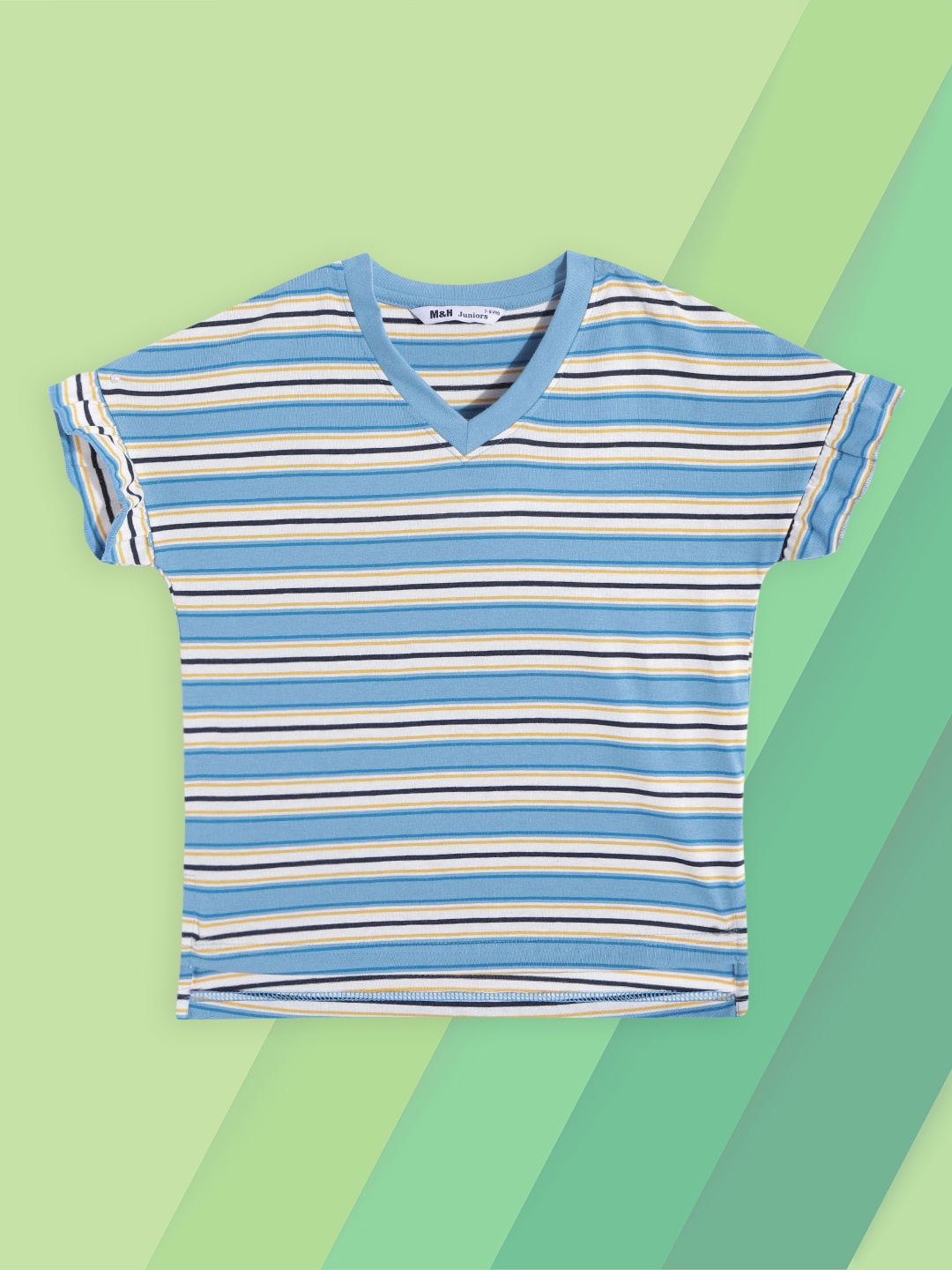 

M&H Juniors Girls Blue & White Striped V-Neck Extended Sleeves T-shirt