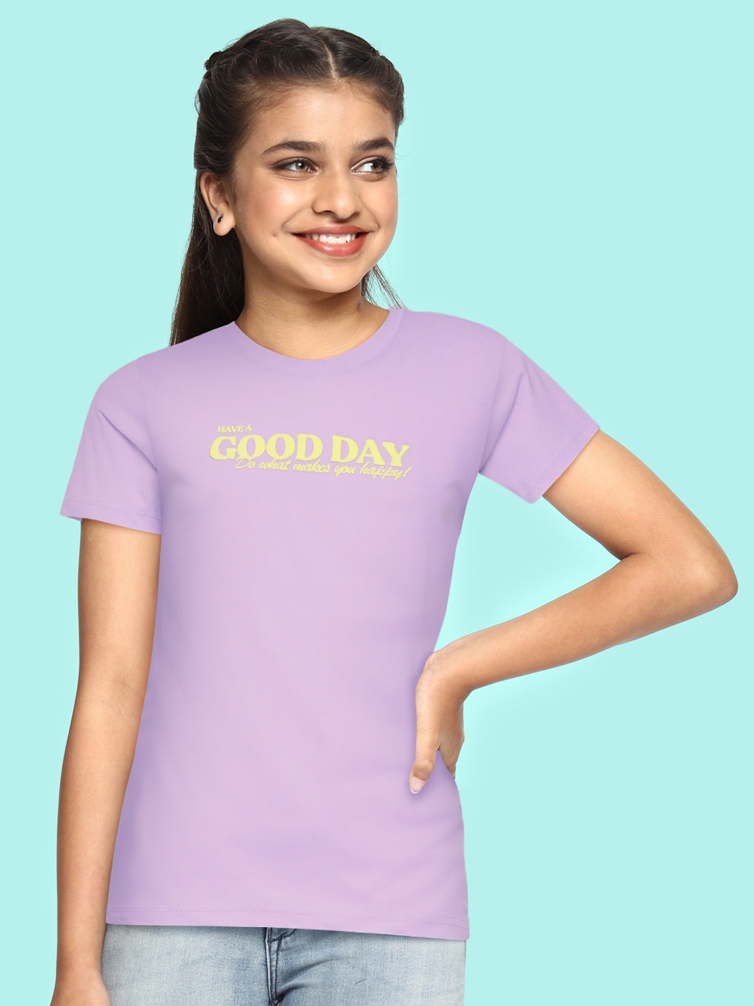 

M&H Juniors Girls Lavender Typography Printed Pure Cotton T-shirt
