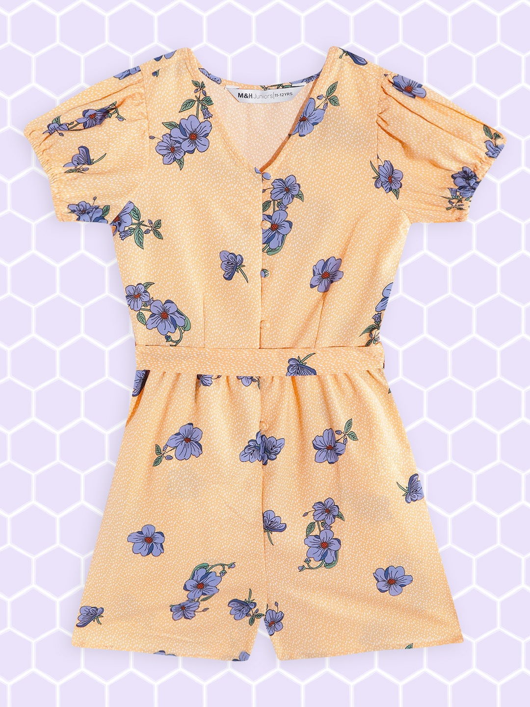 

M&H Juniors Girls Peach-Coloured & Blue Floral Printed Playsuit