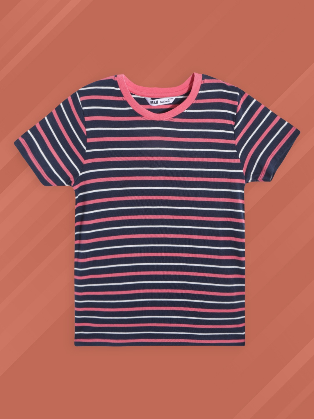 

M&H Juniors Girls Navy Blue & Fuchsia Pink Striped T-shirt