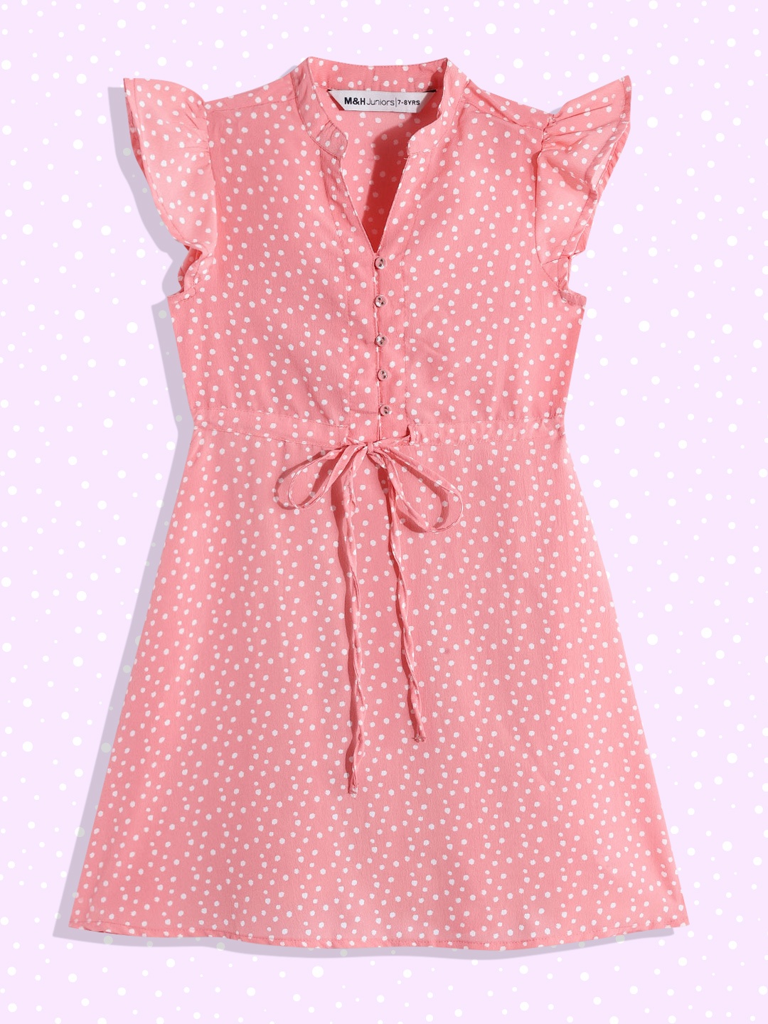 

M&H Juniors Girls Pink & White Polka Dot Print Flutter Sleeves A-Line Dress