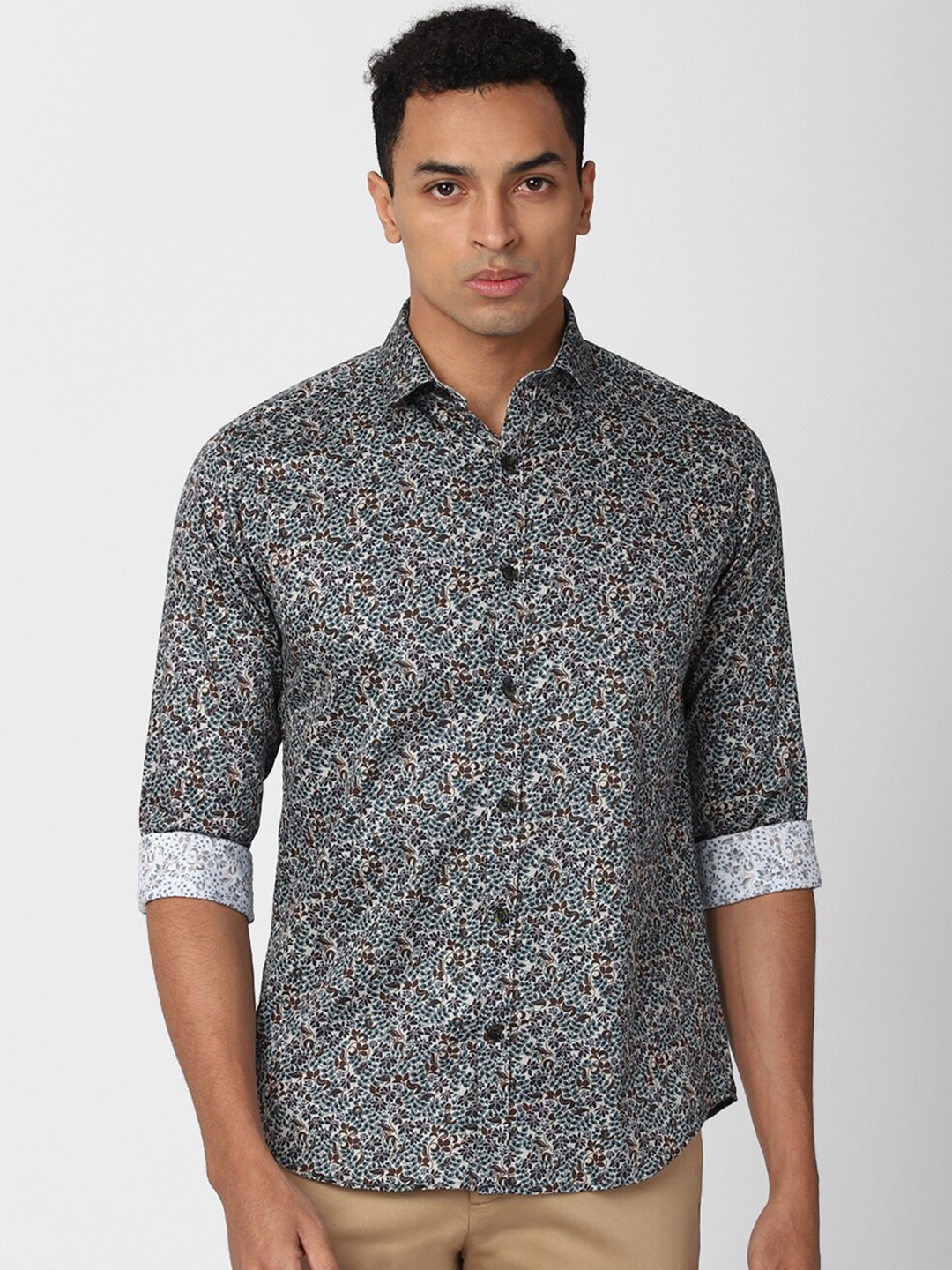 

V Dot Men Green Slim Fit Floral Printed Casual Shirt