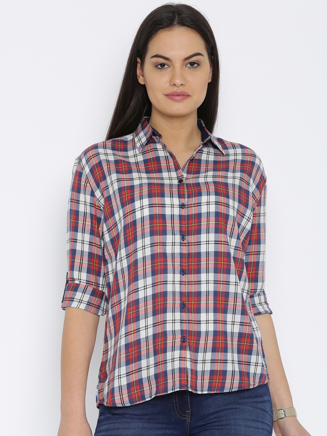 

Flying Machine Women Red & Navy Regular Fit Checked Casual Shirt