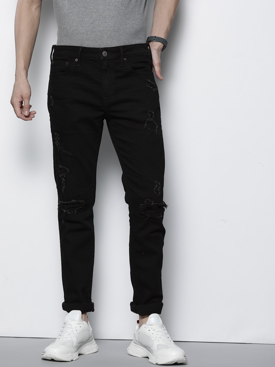 

AMERICAN EAGLE OUTFITTERS Men Black Skinny Fit Highly Distressed Stretchable Jeans