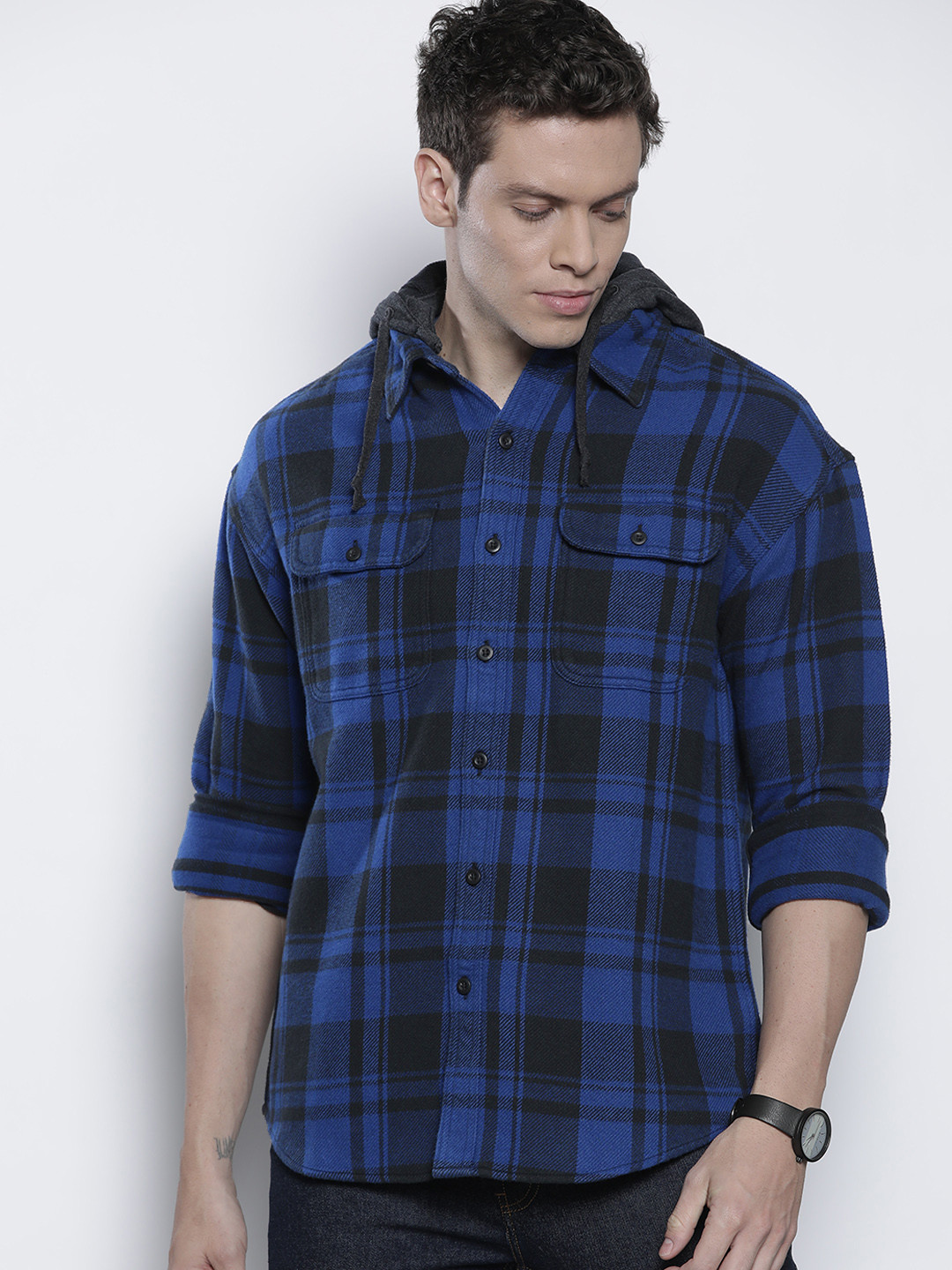 

AMERICAN EAGLE OUTFITTERS Men Blue & Black Tartan Checked Pure Cotton Hooded Shacket