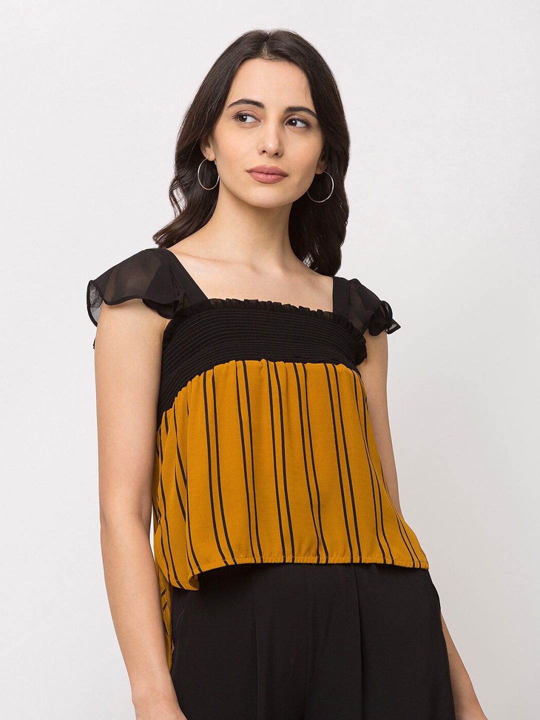 

SHECZZAR Mustard Yellow & Black Striped Georgette Top