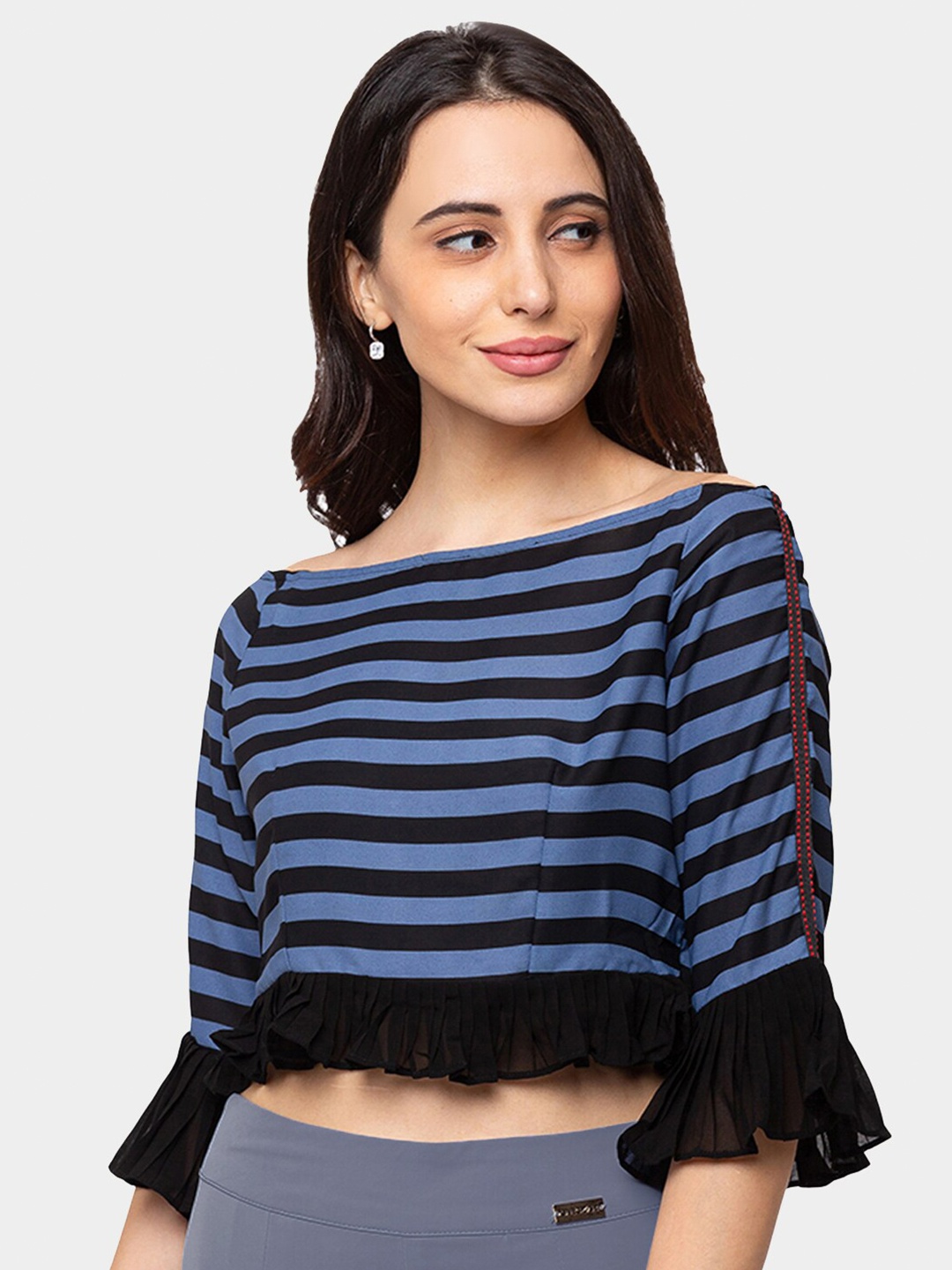 

SHECZZAR Women Blue & Black Striped Crop Top