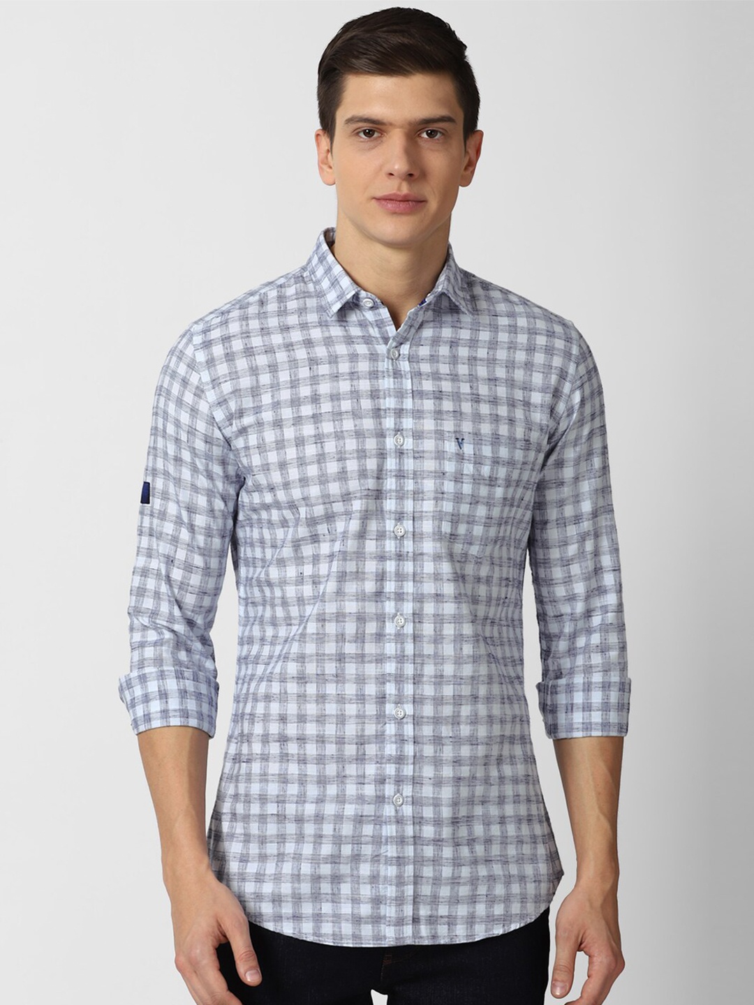 

VAN HEUSEN DENIM LABS Men White & Grey Slim Fit Shepherd Checked Casual Shirt