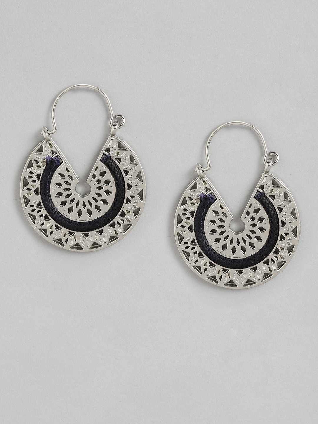

RICHEERA Silver -Toned & Black Circular Drop Earrings