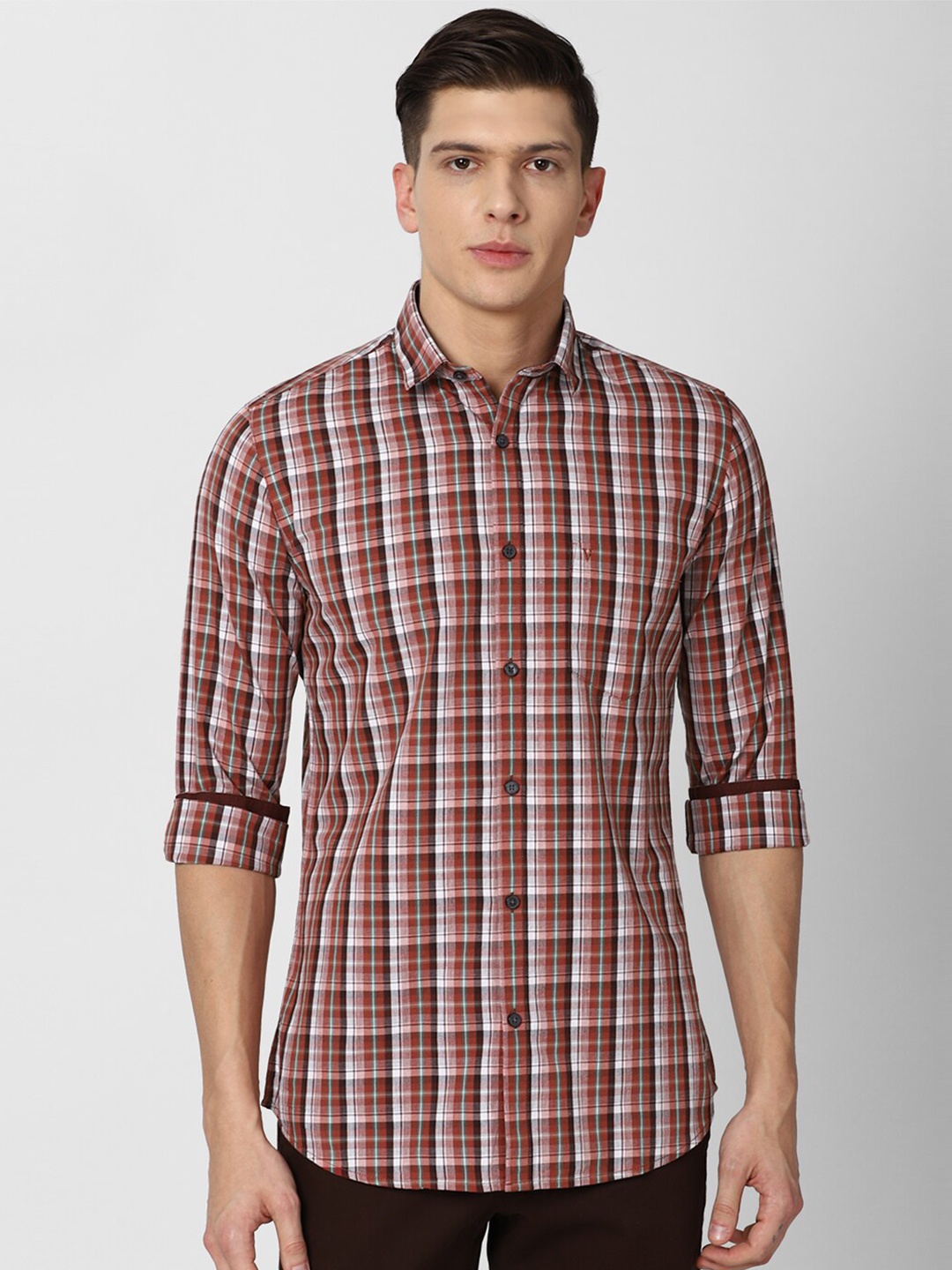 

Van Heusen Sport Men Rust Red & Off-White Pure Cotton Slim Fit Tartan Checked Shirt
