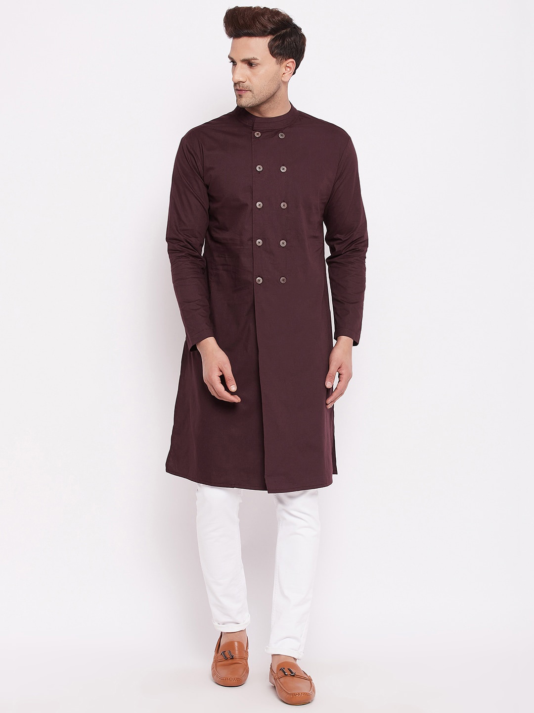 

Hypernation Men Brown Cotton Solid Lucknawi Kurta