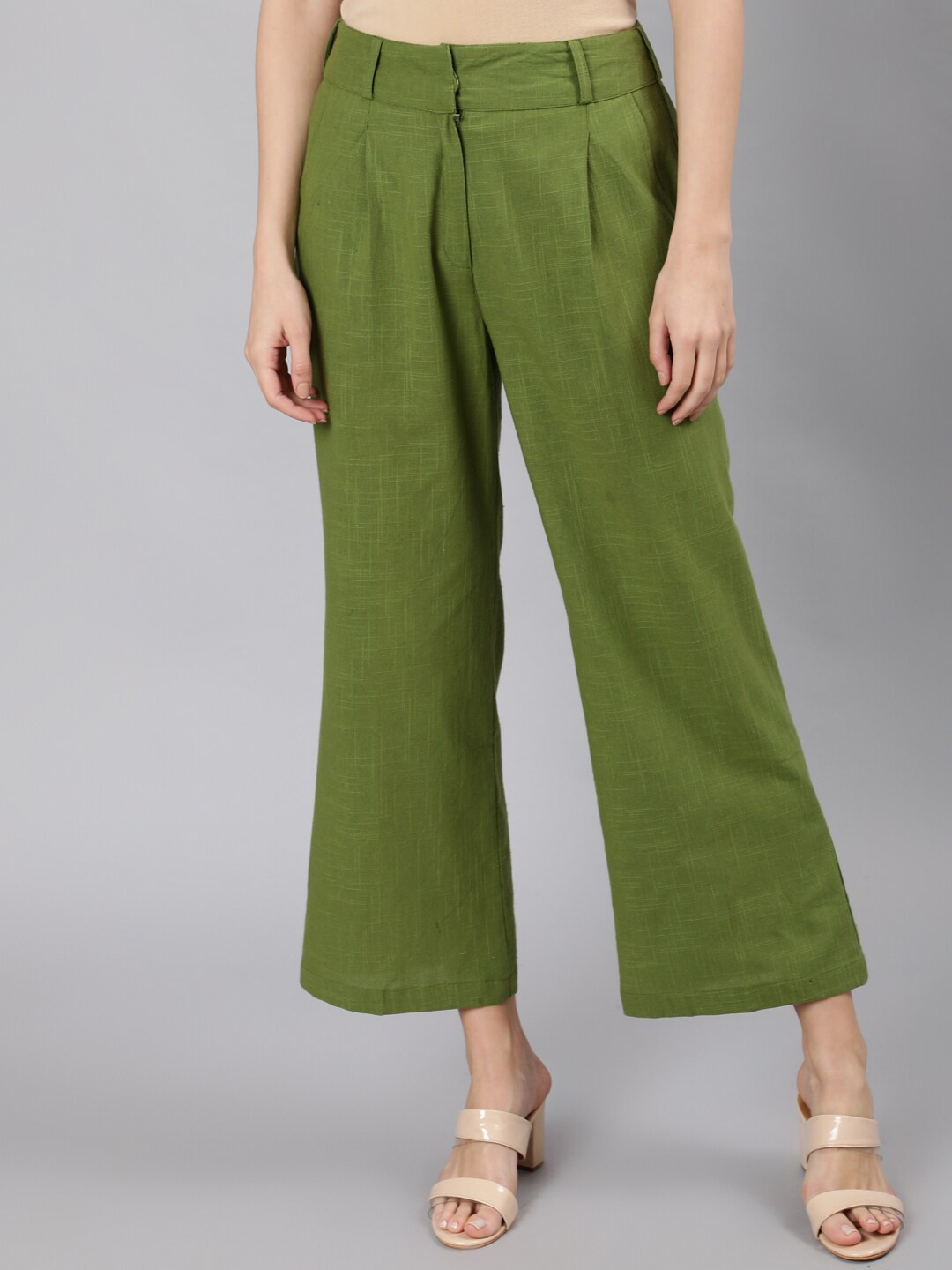 

Jaipur Kurti Women Olive Green Flared High-Rise Pleated Trousers