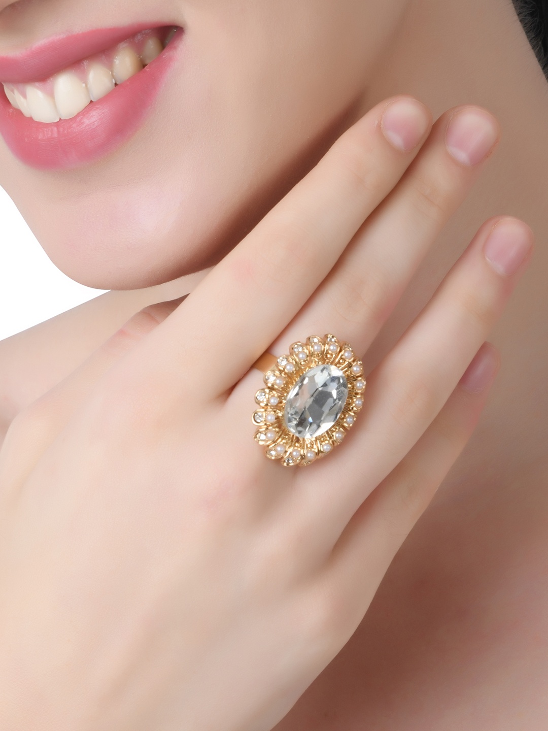 

Lilly & sparkle Gold-Plated & White Pearl & Crystal-Studded Oval Finger Ring