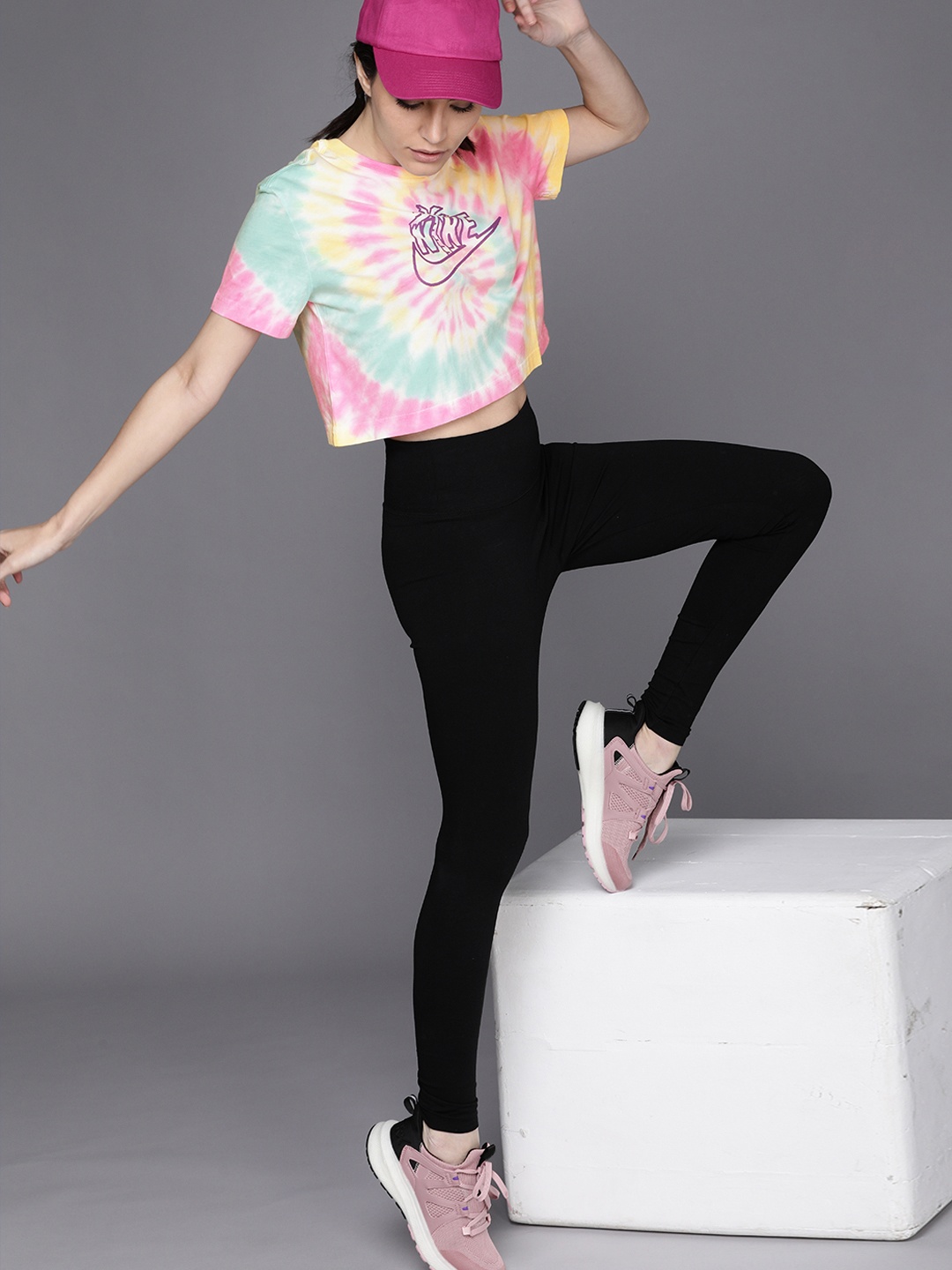 

Nike Women Multicoloured Brand Logo Printed Loose Fit Pure Cotton Cropped T-shirt, Multi
